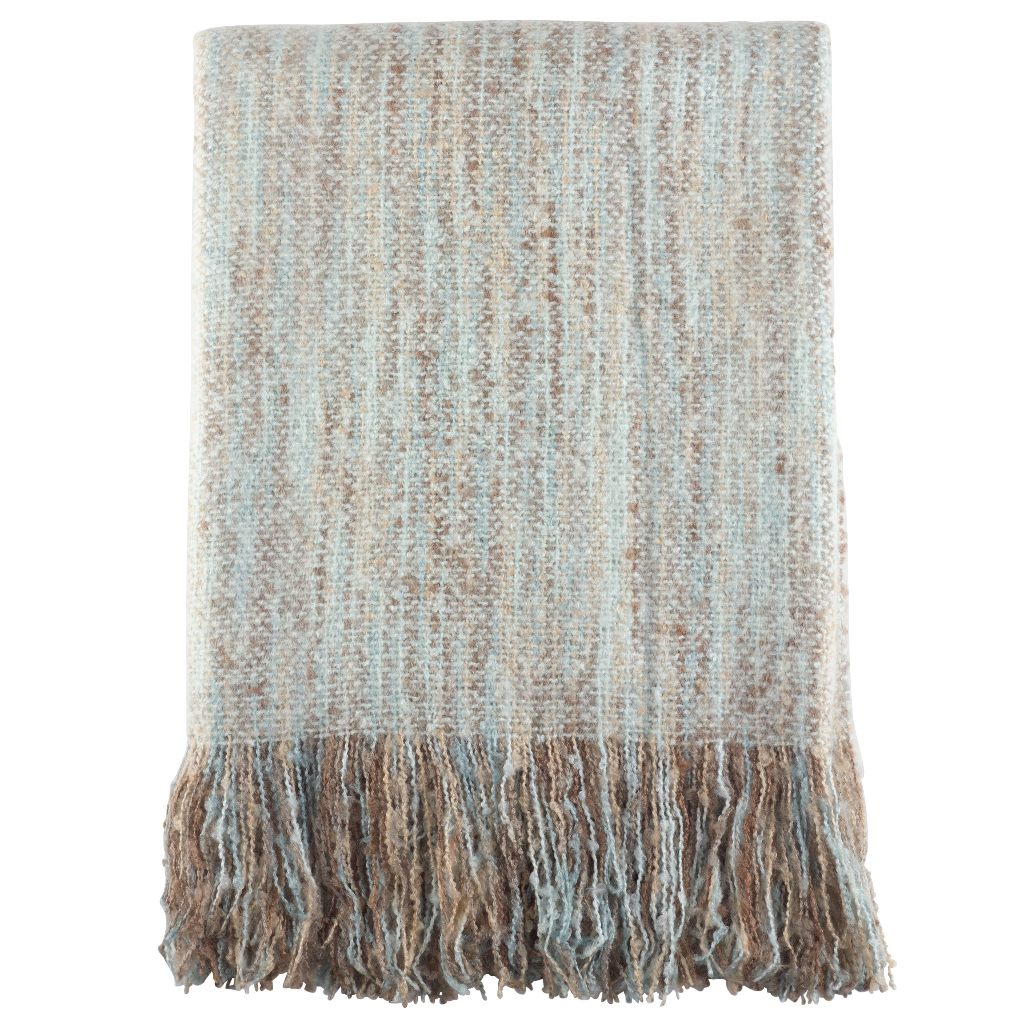 Aqua and Brown Faux Mohair Fringe Throw Blanket