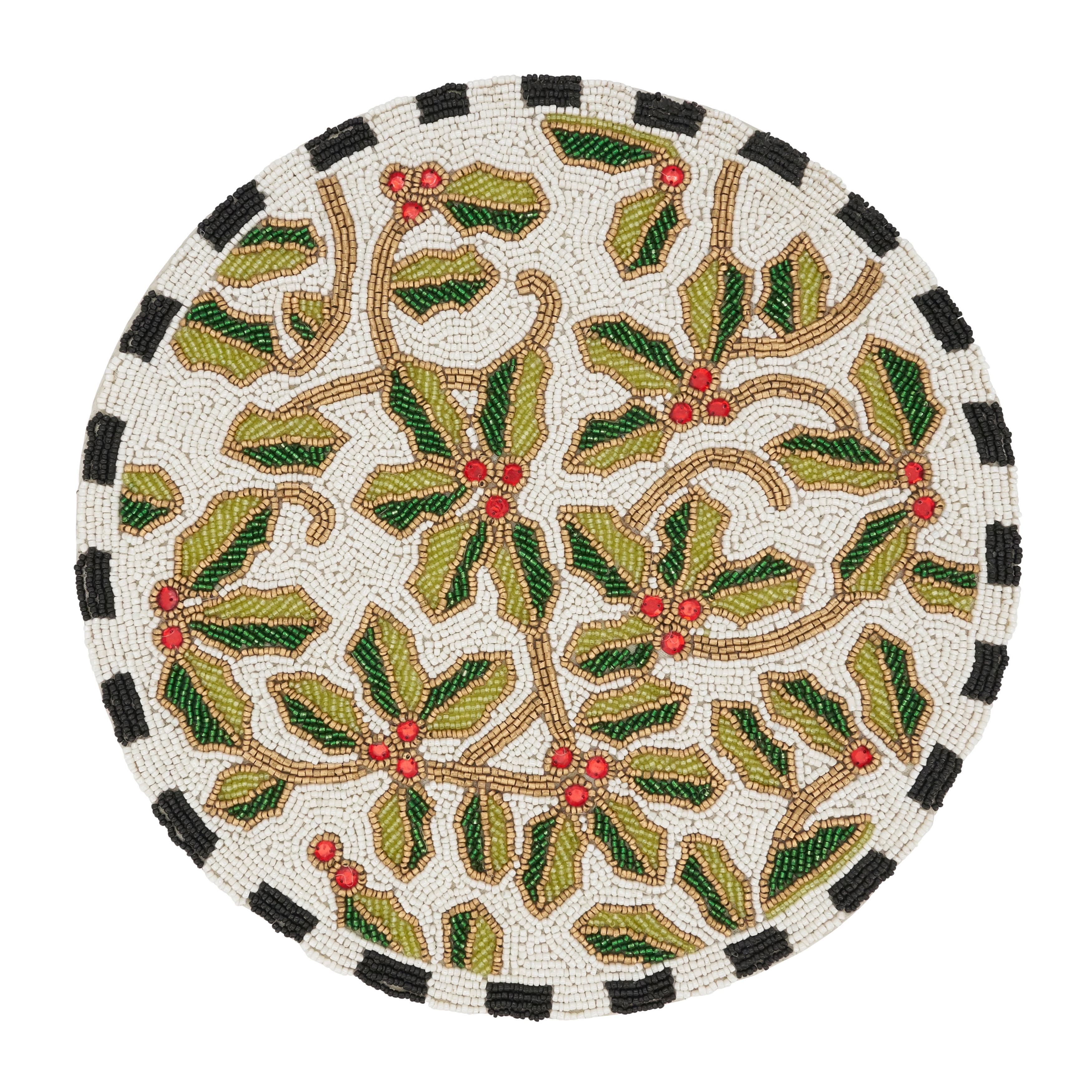 Festive Holly Leaves Beaded Round Placemats Set of 4