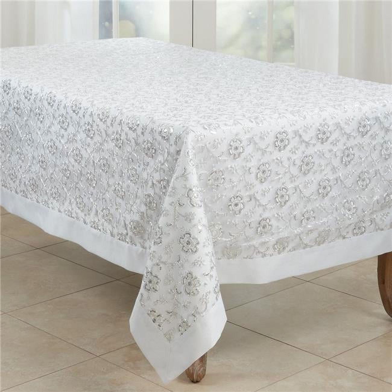 White Floral Embroidered Rectangular Fabric Tablecloth, 50" x 70"