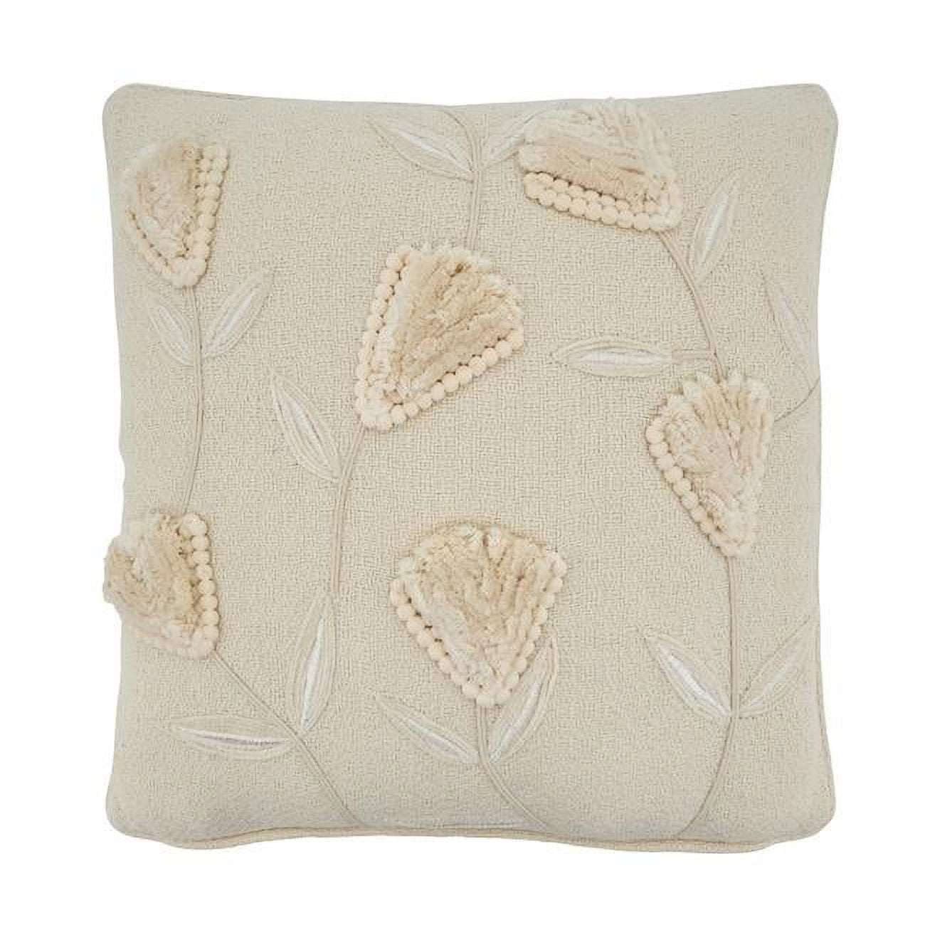 Ivory Flower Applique Down Filled Square Throw Pillow