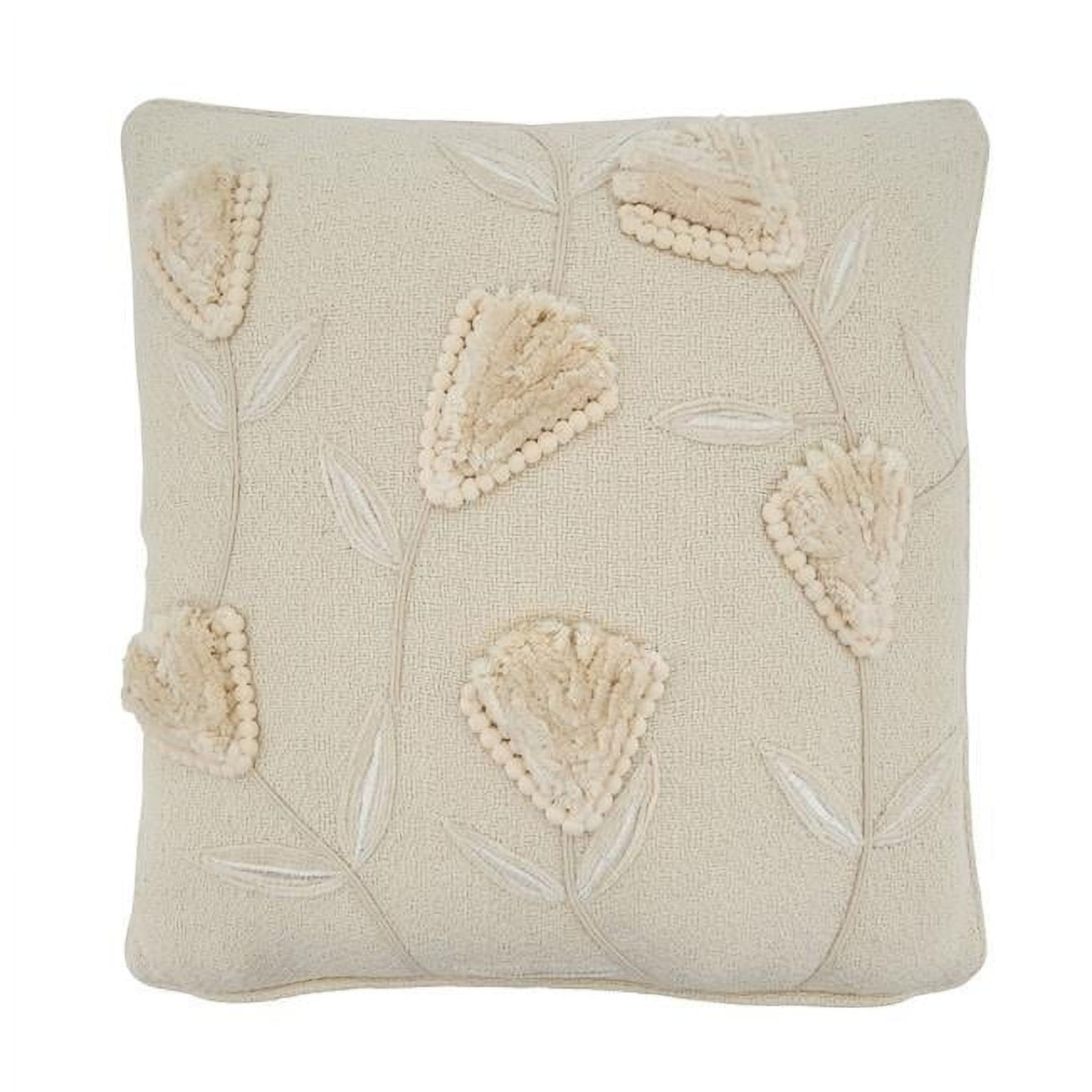 Ivory Flower Applique Down Filled Square Throw Pillow