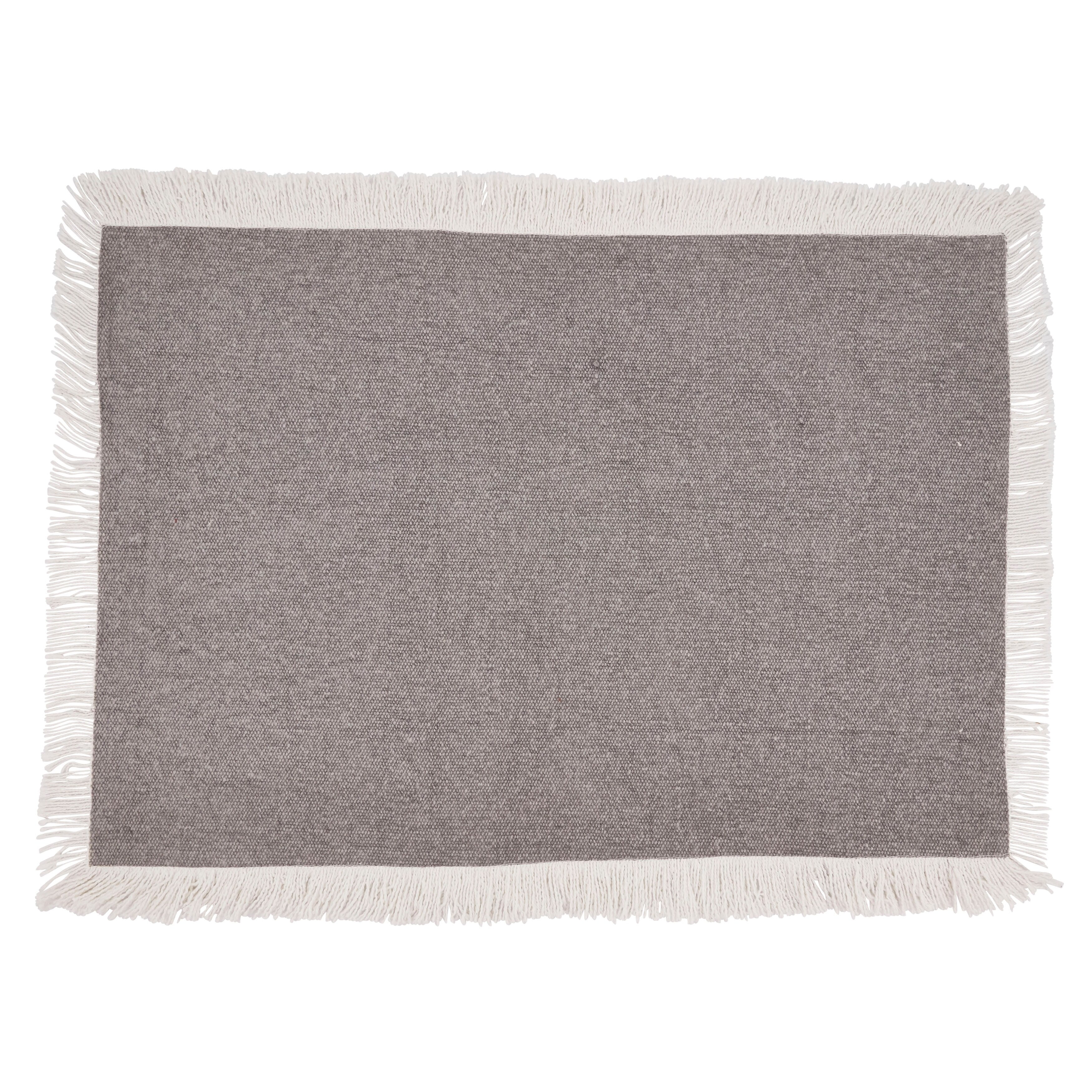 Gray Cotton Rectangle Placemats with Fringe Border, Set of 4