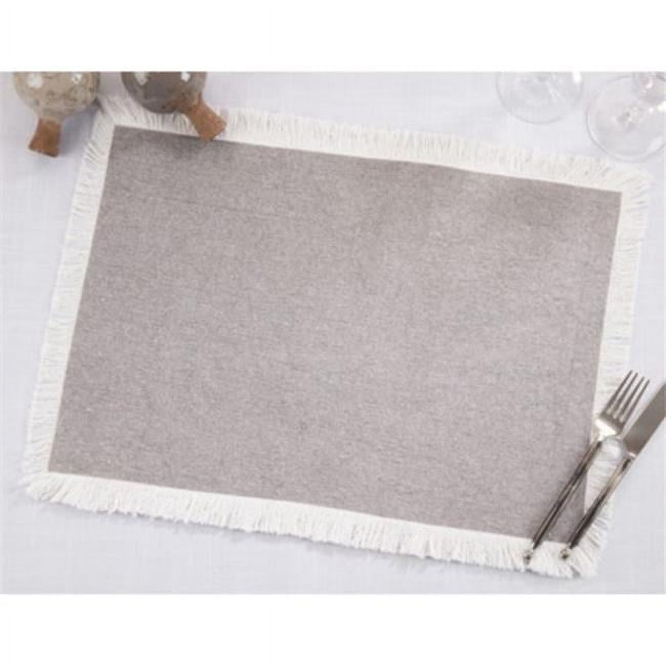 Gray Cotton Rectangle Placemats with Fringe Border, Set of 4