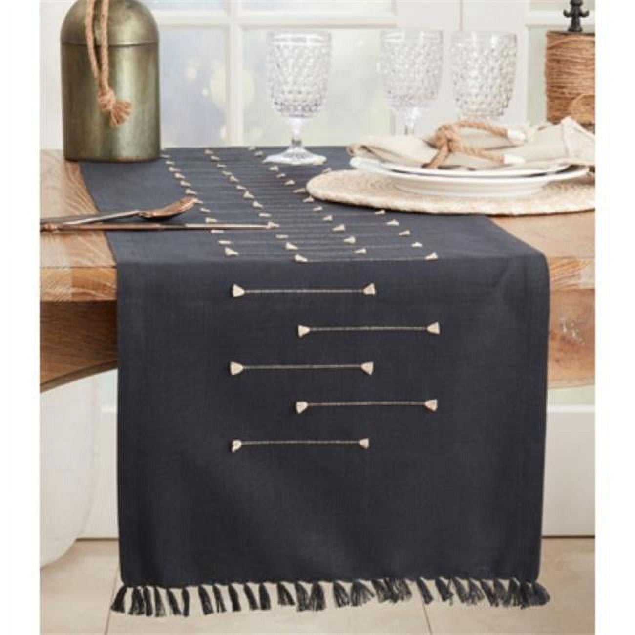 Black Cotton Fringe Line Design Table Runner
