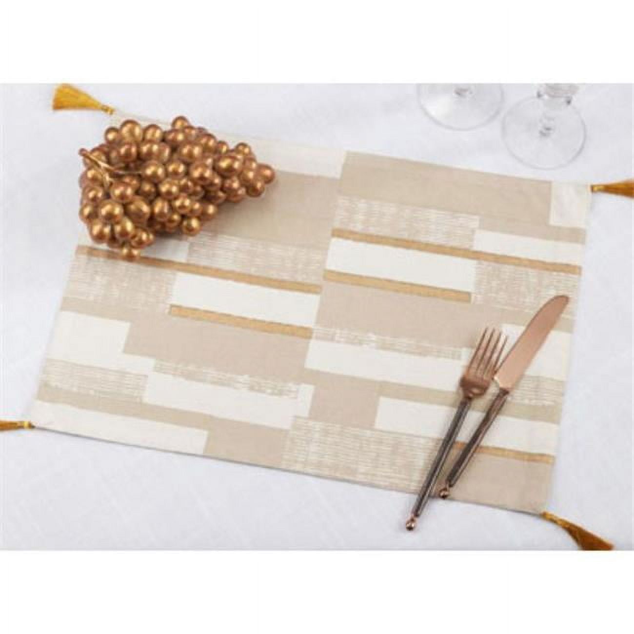 Beige Cotton Geometric Foil Print Placemats with Tassels, Set of 4
