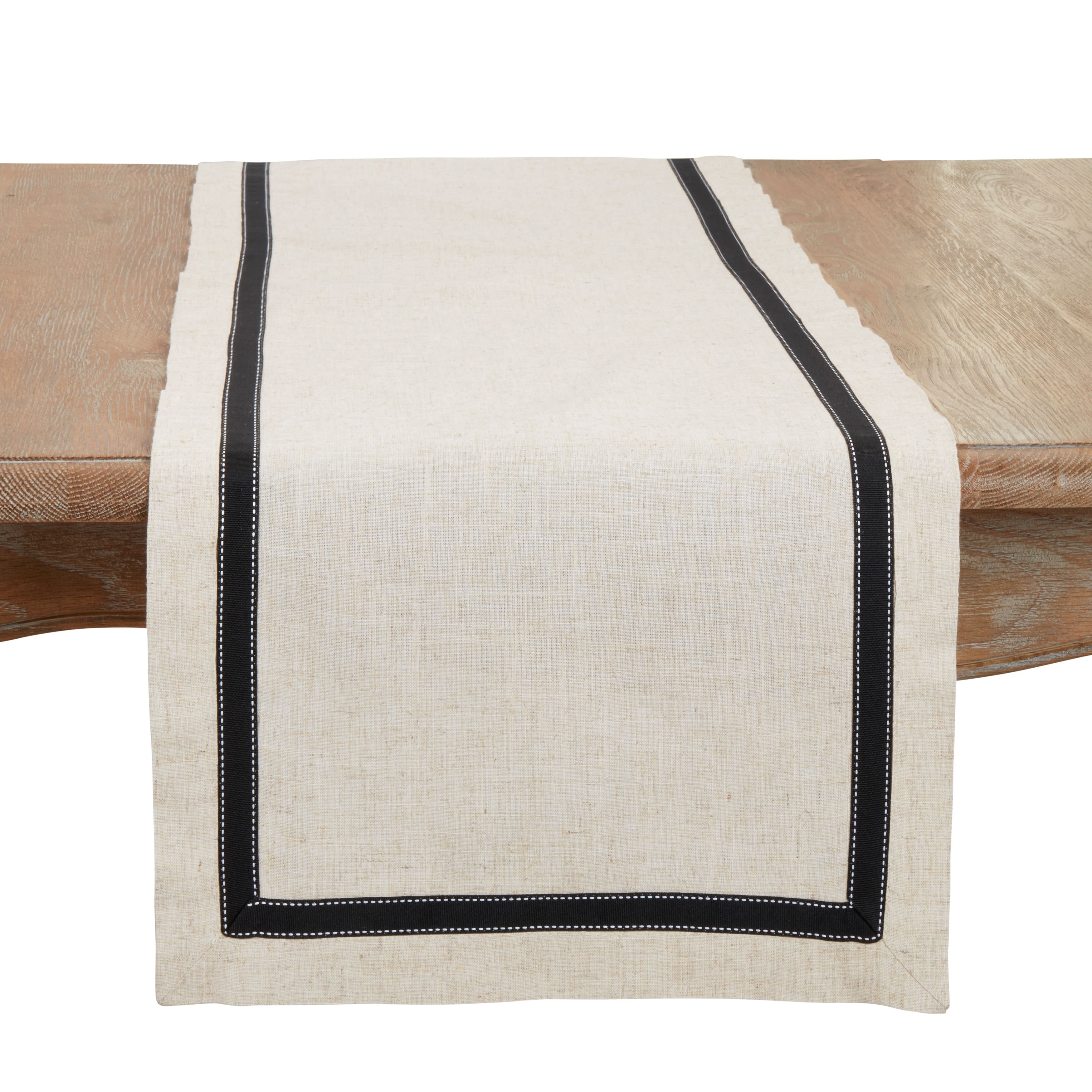 Beige and Black Grosgrain Accent Polyester Table Runner