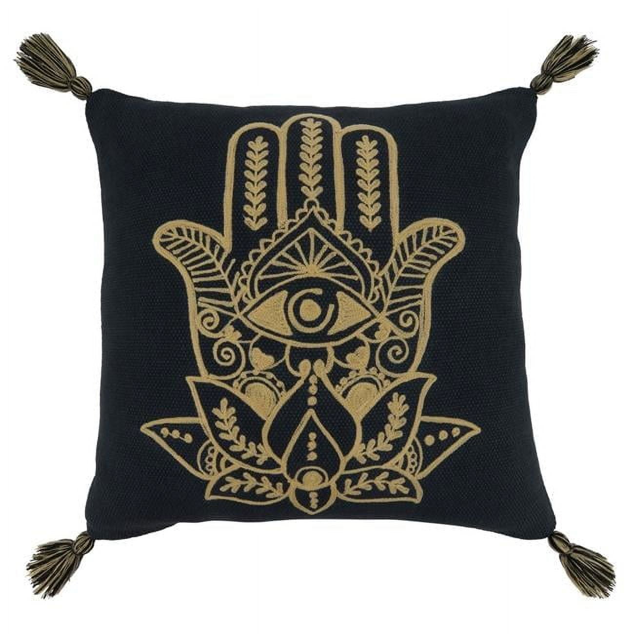 27" Square Hamsa Hand Embroidered Throw Pillow with Tassels, Black