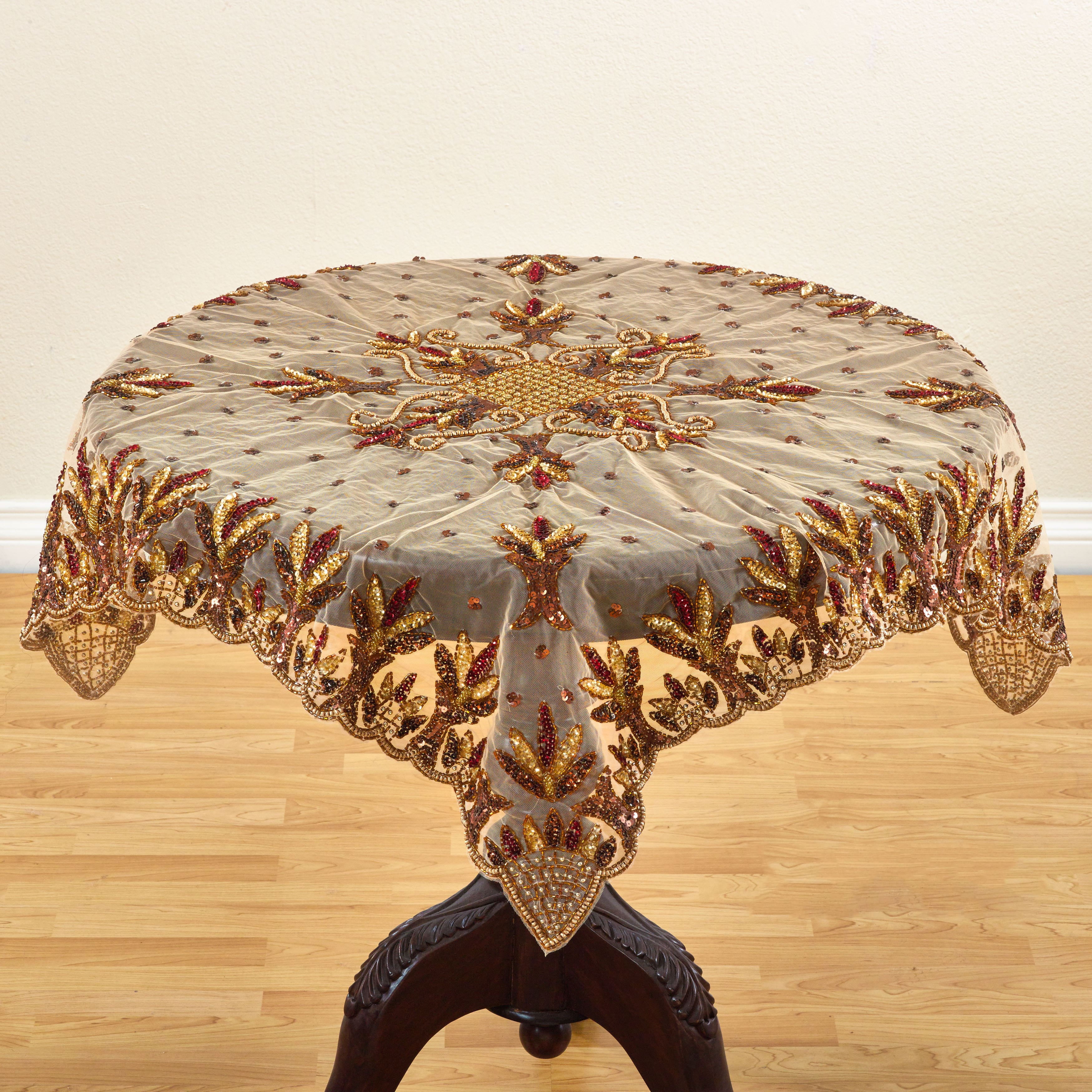 Beige Floral Hand Beaded Polyester Table Runner 16" x 72"
