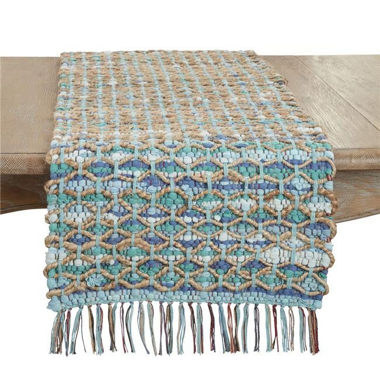 Handwoven Blue and Beige Chindi Table Runner, 16"x72"