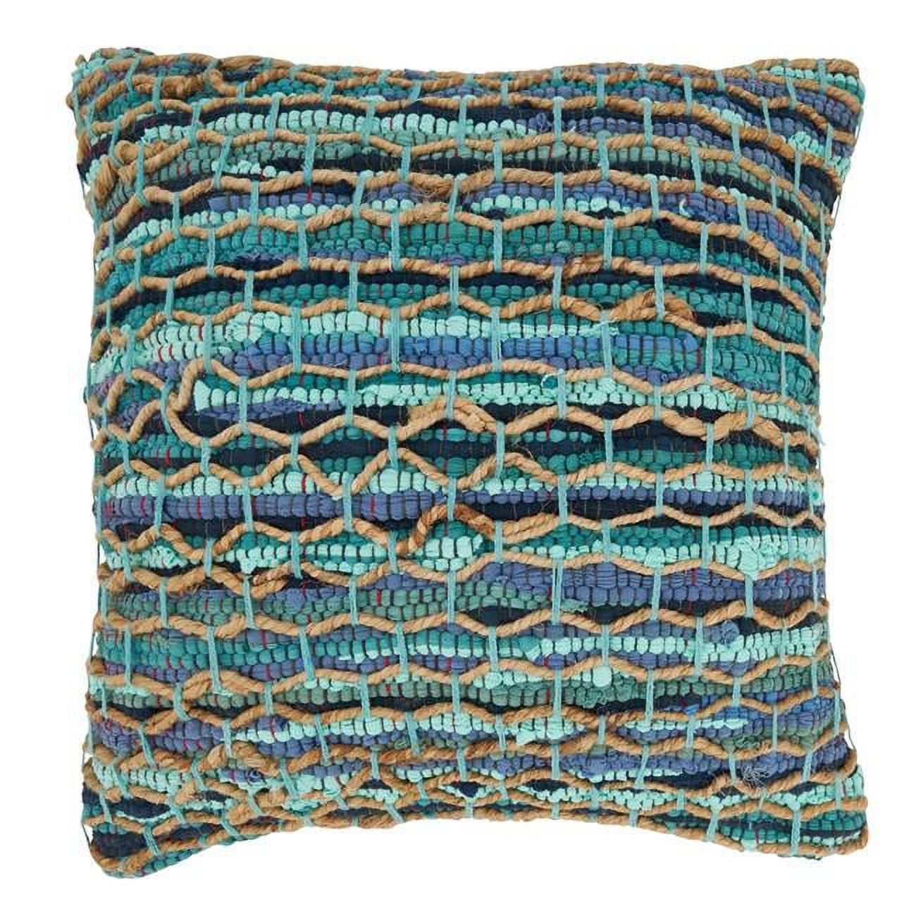 Handwoven Blue and Beige Cotton Jute Pillow Cover 20"