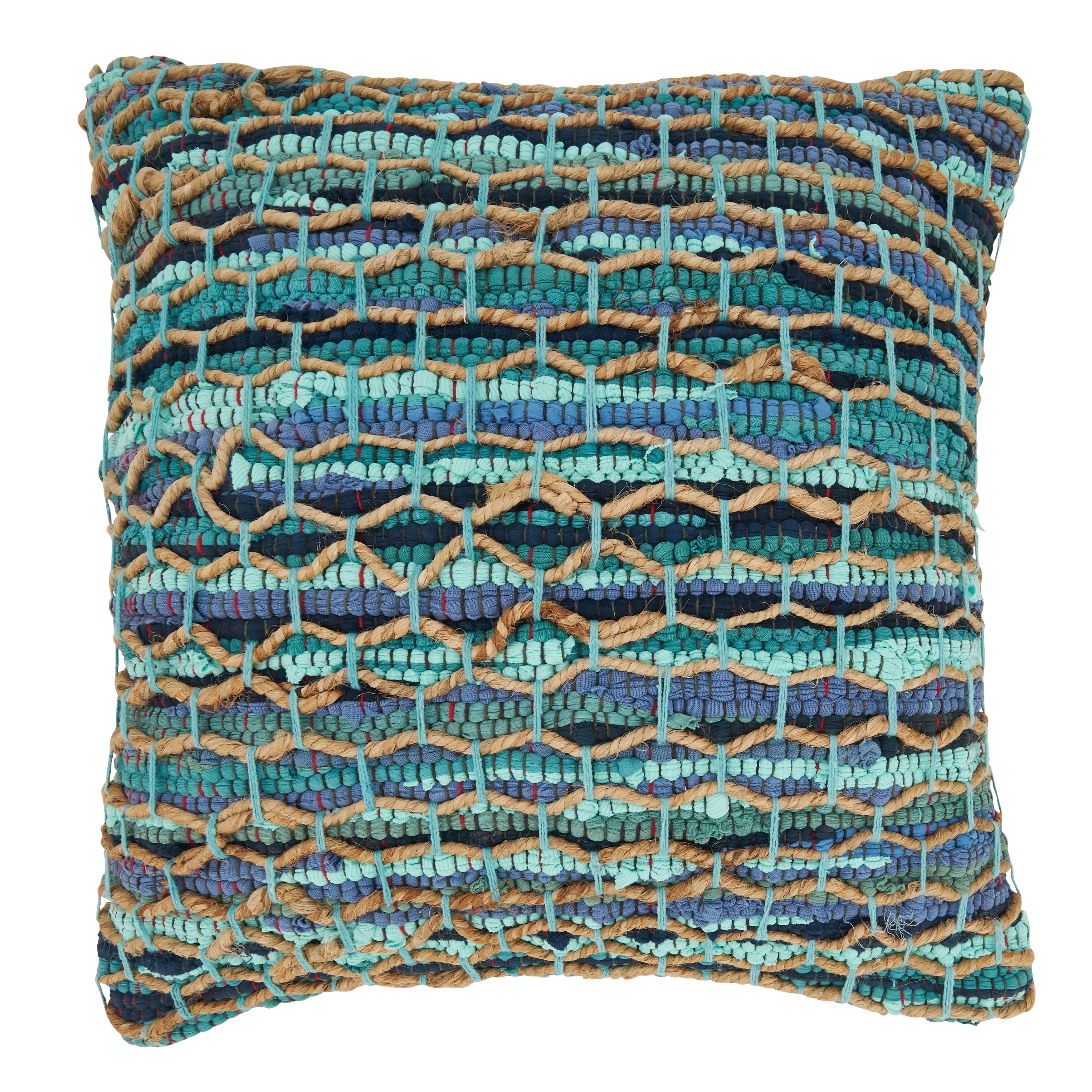 Handwoven Blue and Beige Cotton Jute Pillow Cover 20"