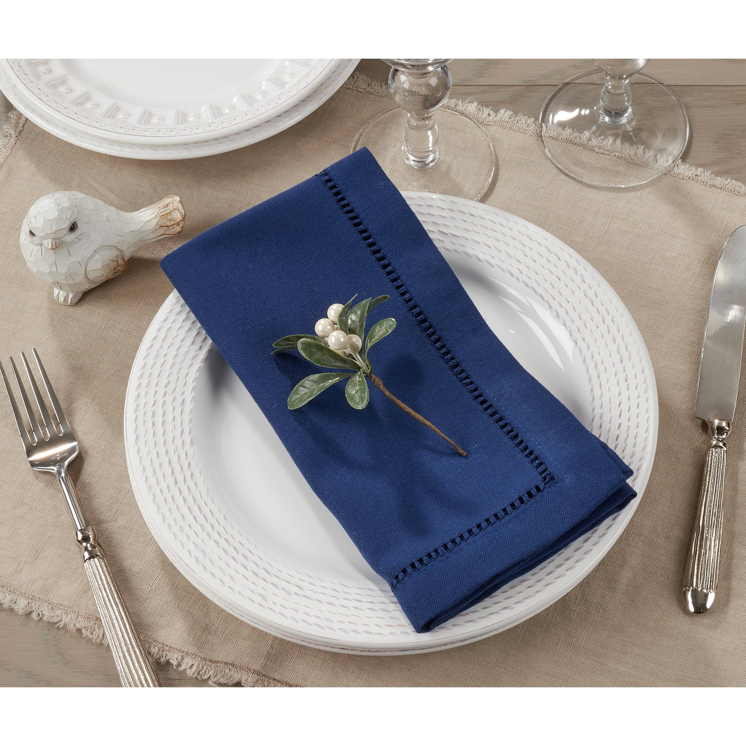 Navy Blue Cotton Hemstitch Dinner Napkins, Set of 12