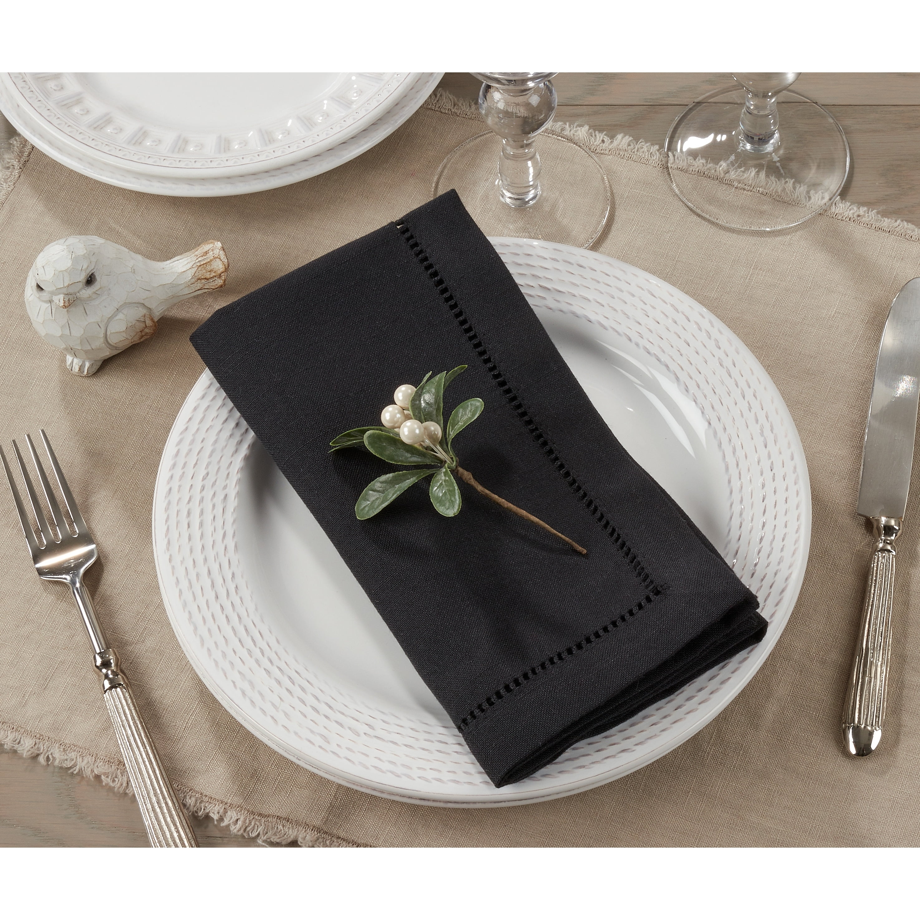 Black Cotton Hemstitched Dinner Napkins, Set of 4