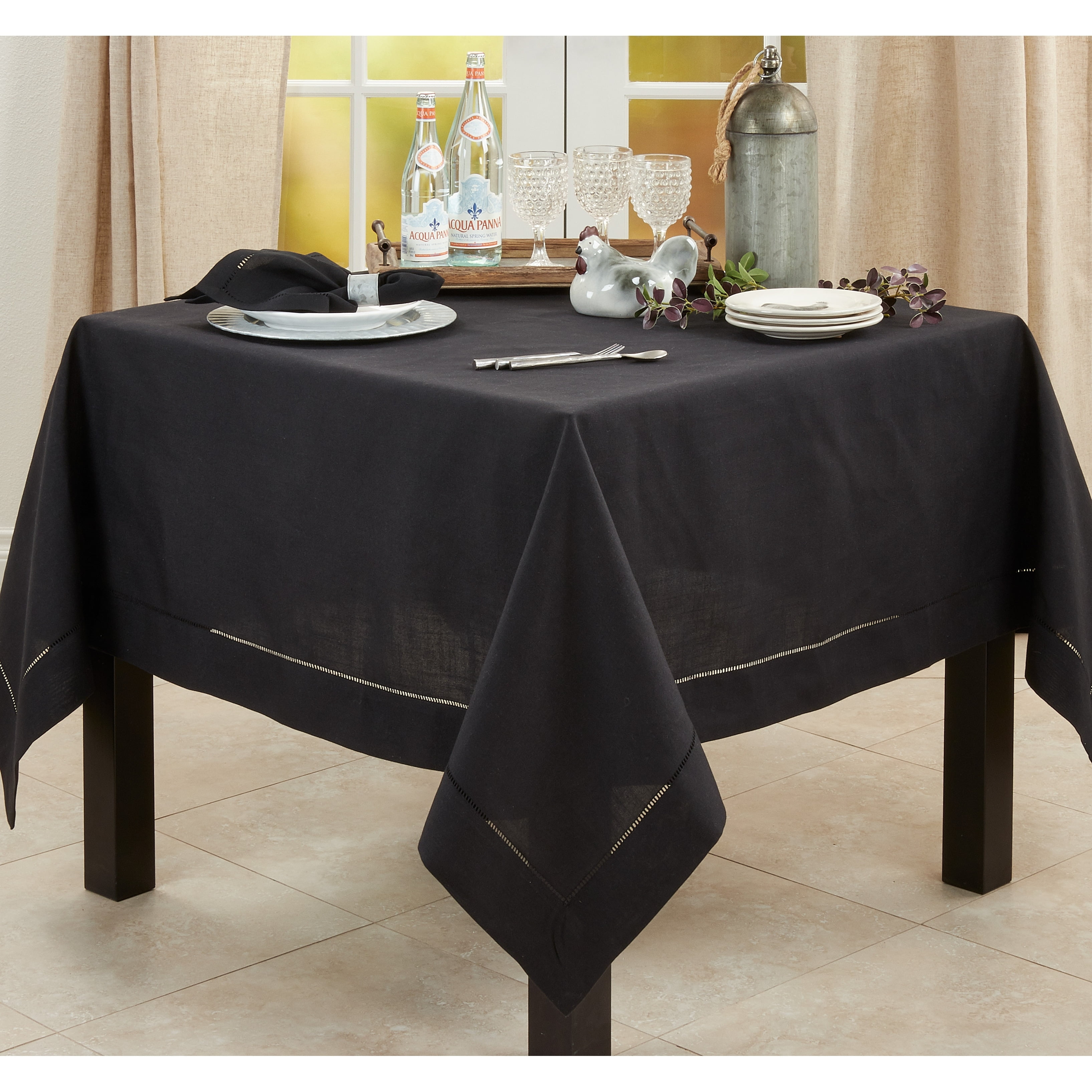 Black Square Hemstitched Border Polyester Tablecloth