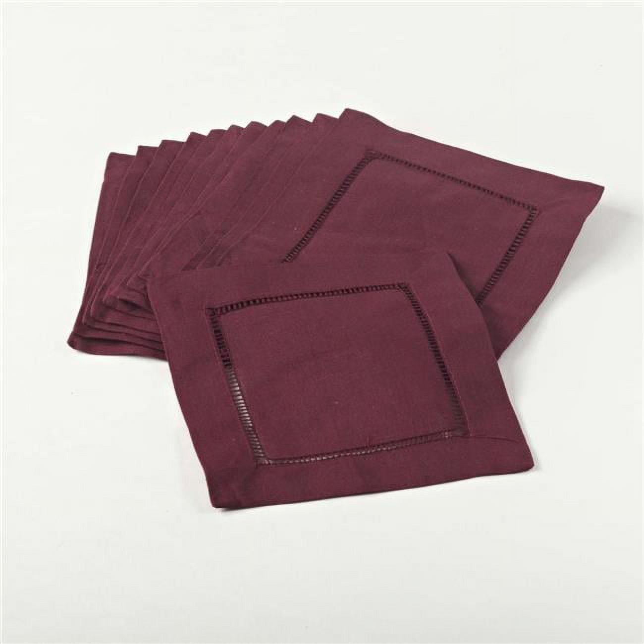 Wine Hemstitched Cotton Linen Cocktail Napkins, Set of 12