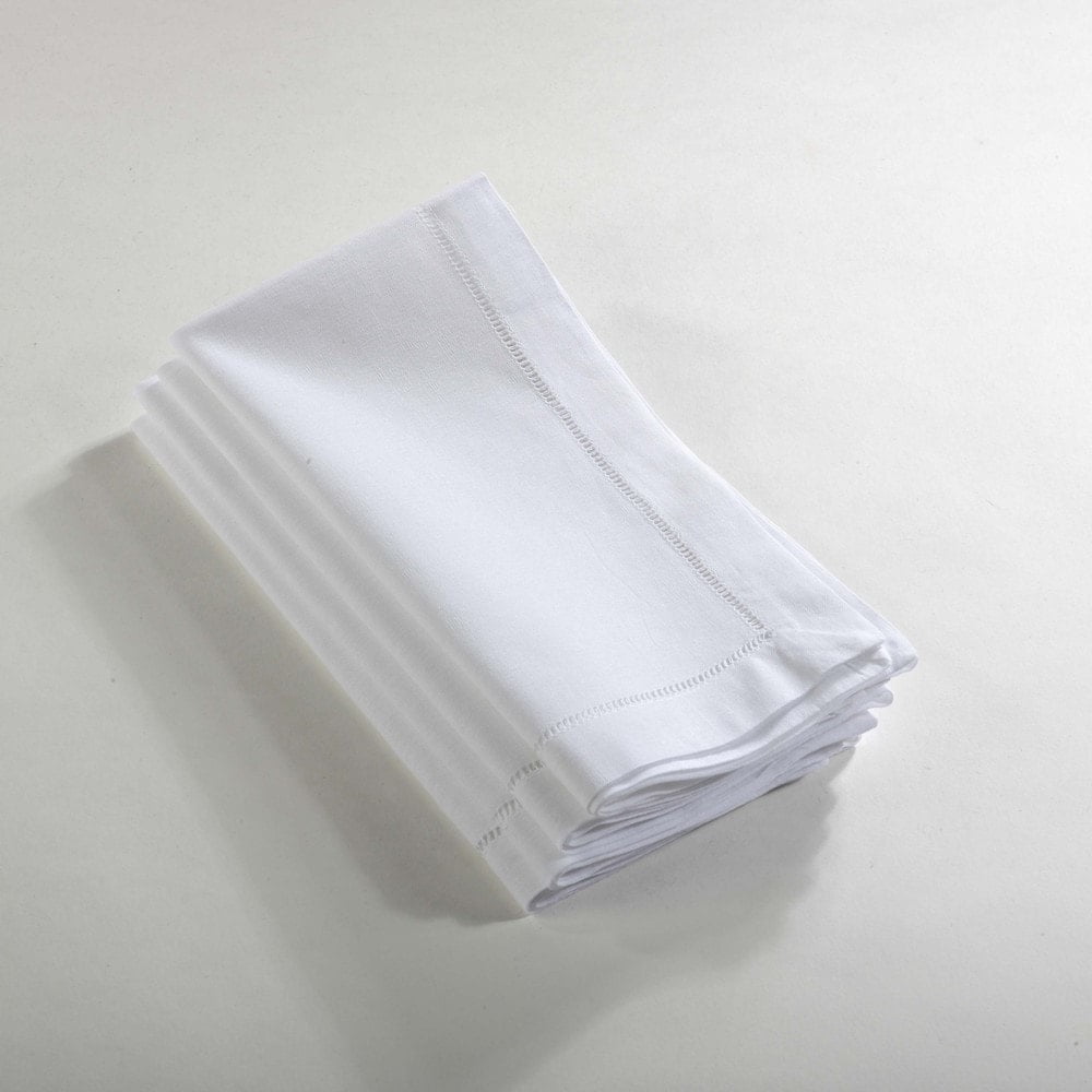 White Linen Cotton Hemstitched Dinner Napkins, Set of 4