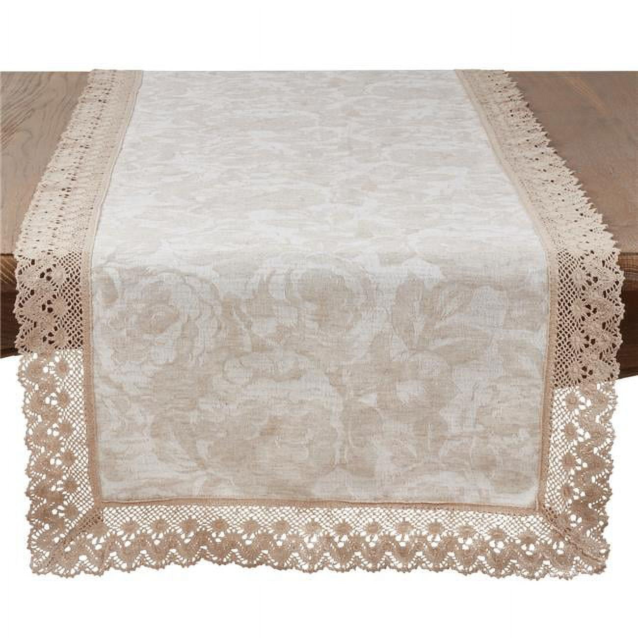 Natural Cotton Linen Jacquard Lace Trim Table Runner 16" x 120"