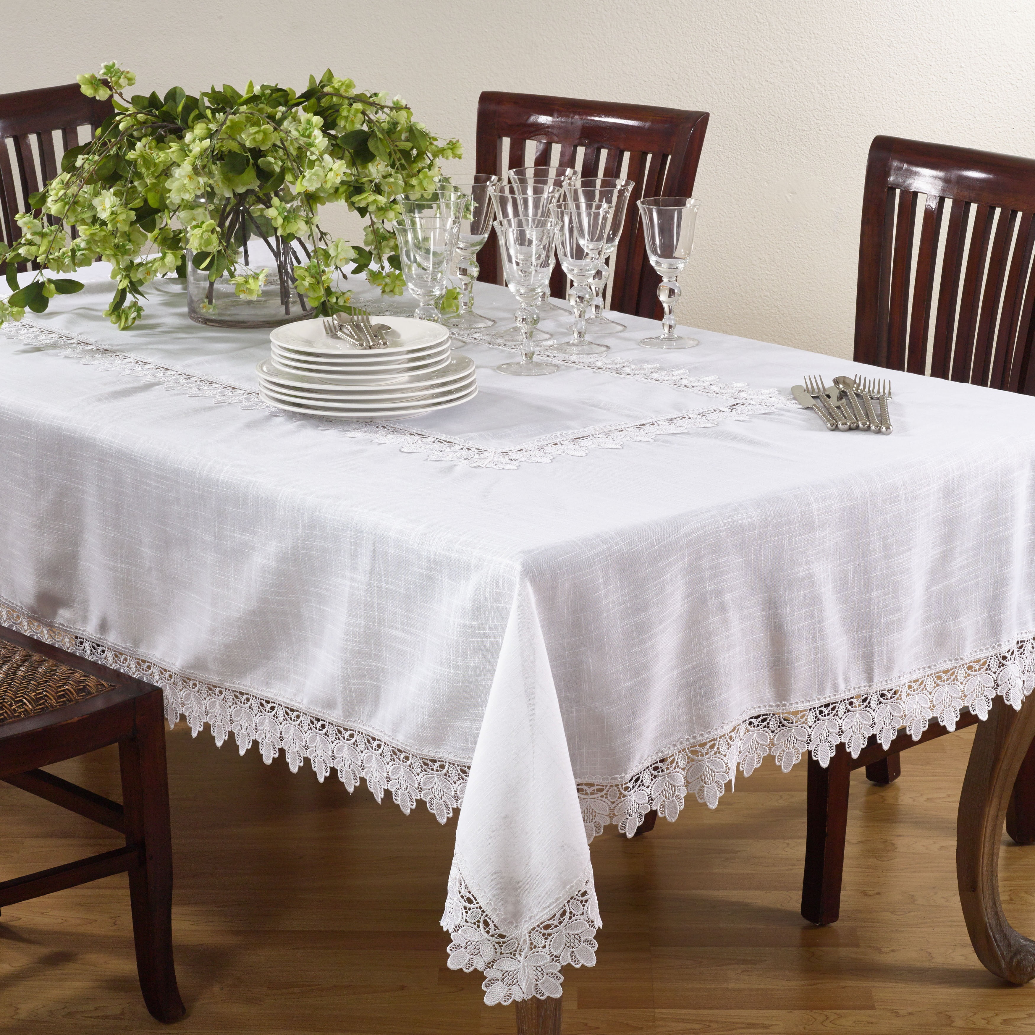 Taupe Lace Trimmed Rectangular Fabric Tablecloth, 65" x 180"