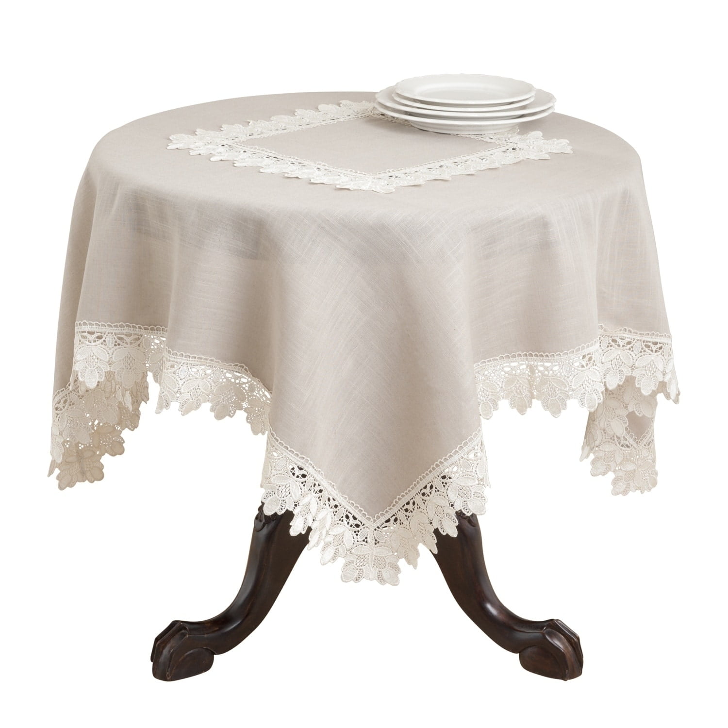 Taupe Lace Trimmed Square Polyester Tablecloth