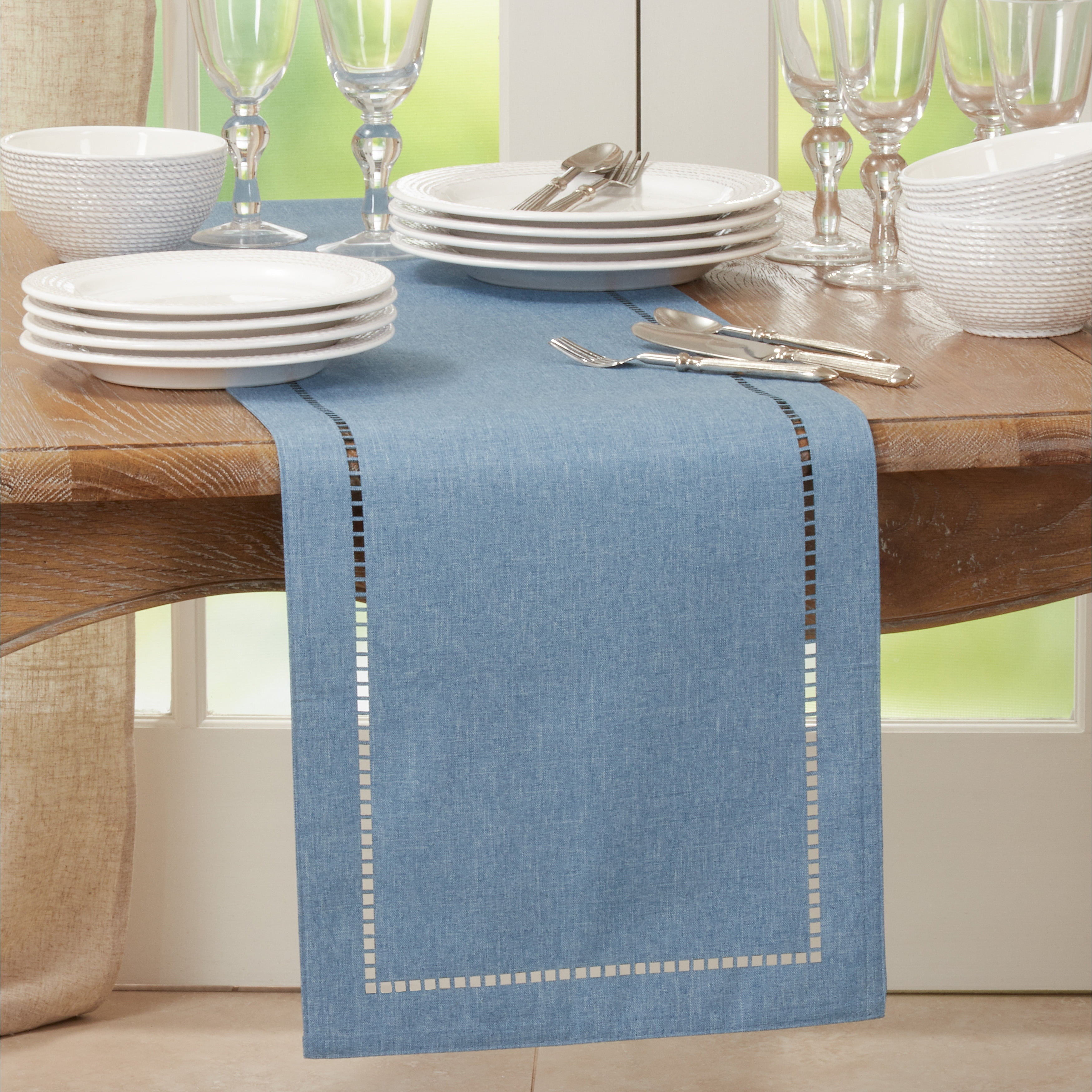 Denim Blue Polyester Laser-Cut Hemstitch Table Runner