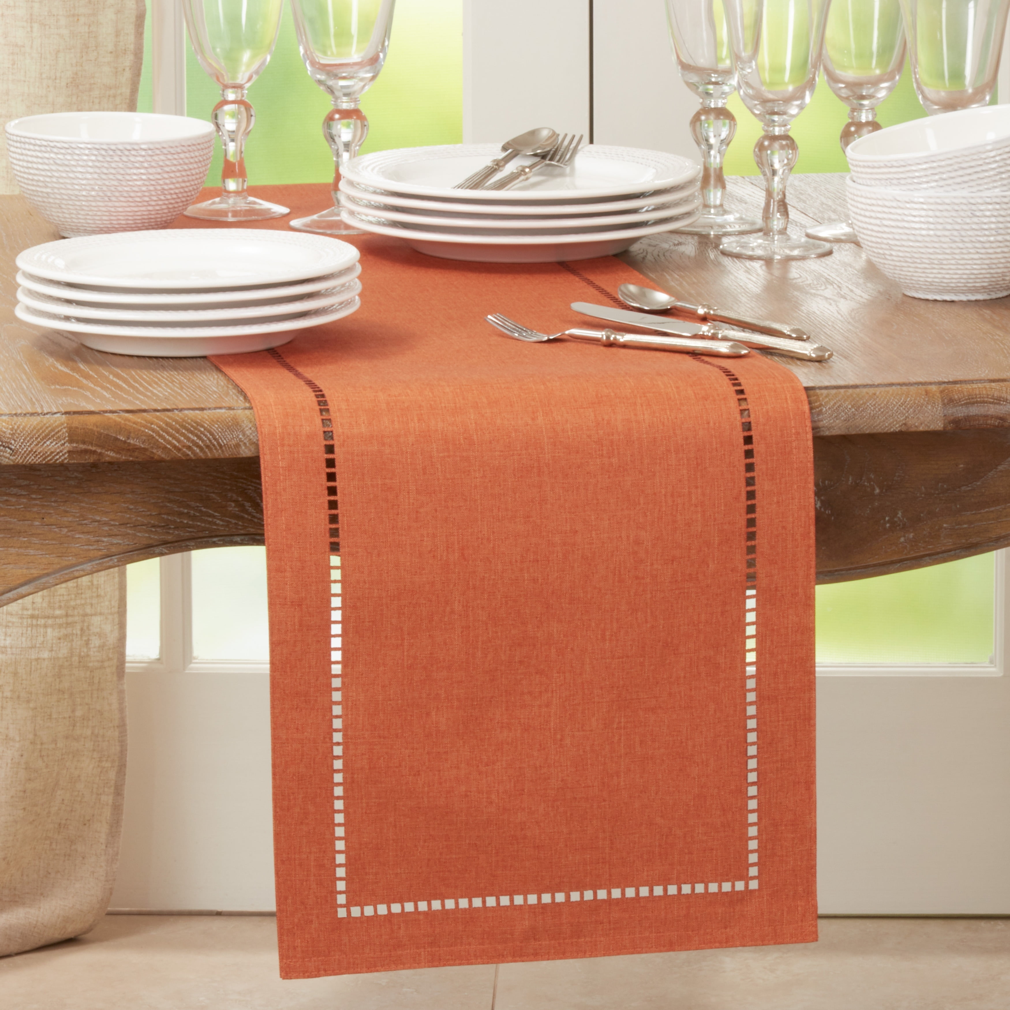 Rust Polyester Laser-Cut Hemstitch Table Runner