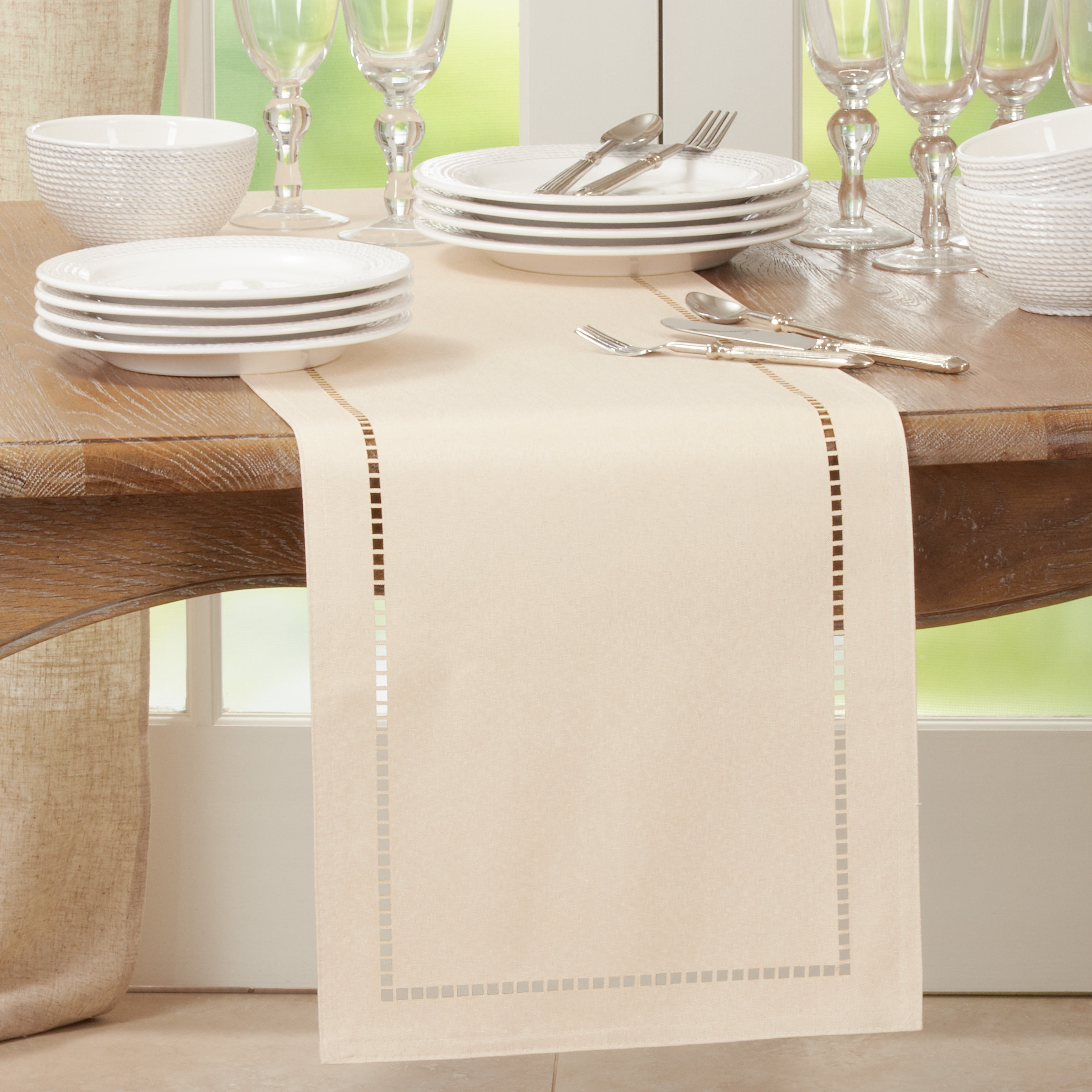 Beige Polyester Laser-Cut Hemstitch Table Runner