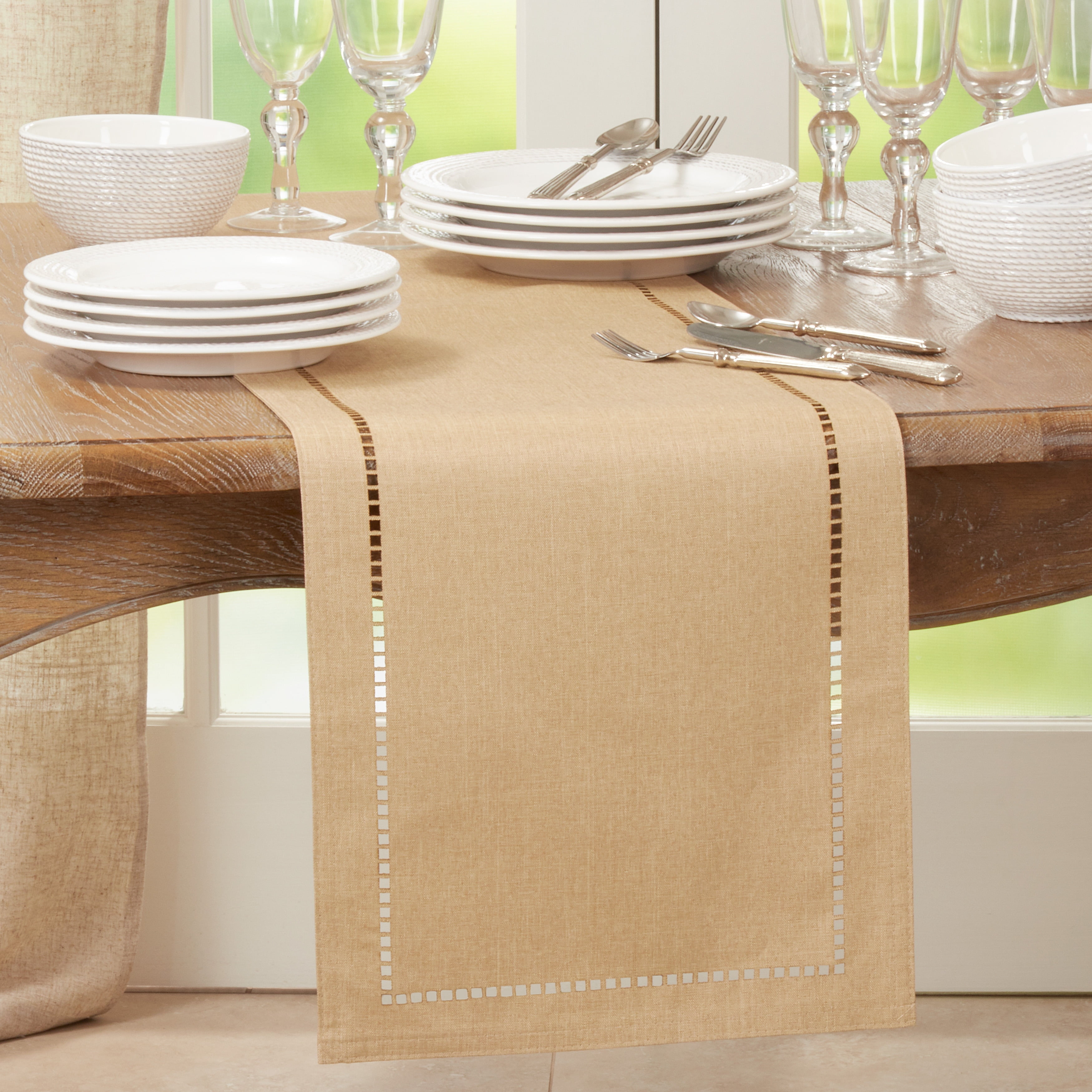 Beige Polyester Hemstitch Design Table Runner