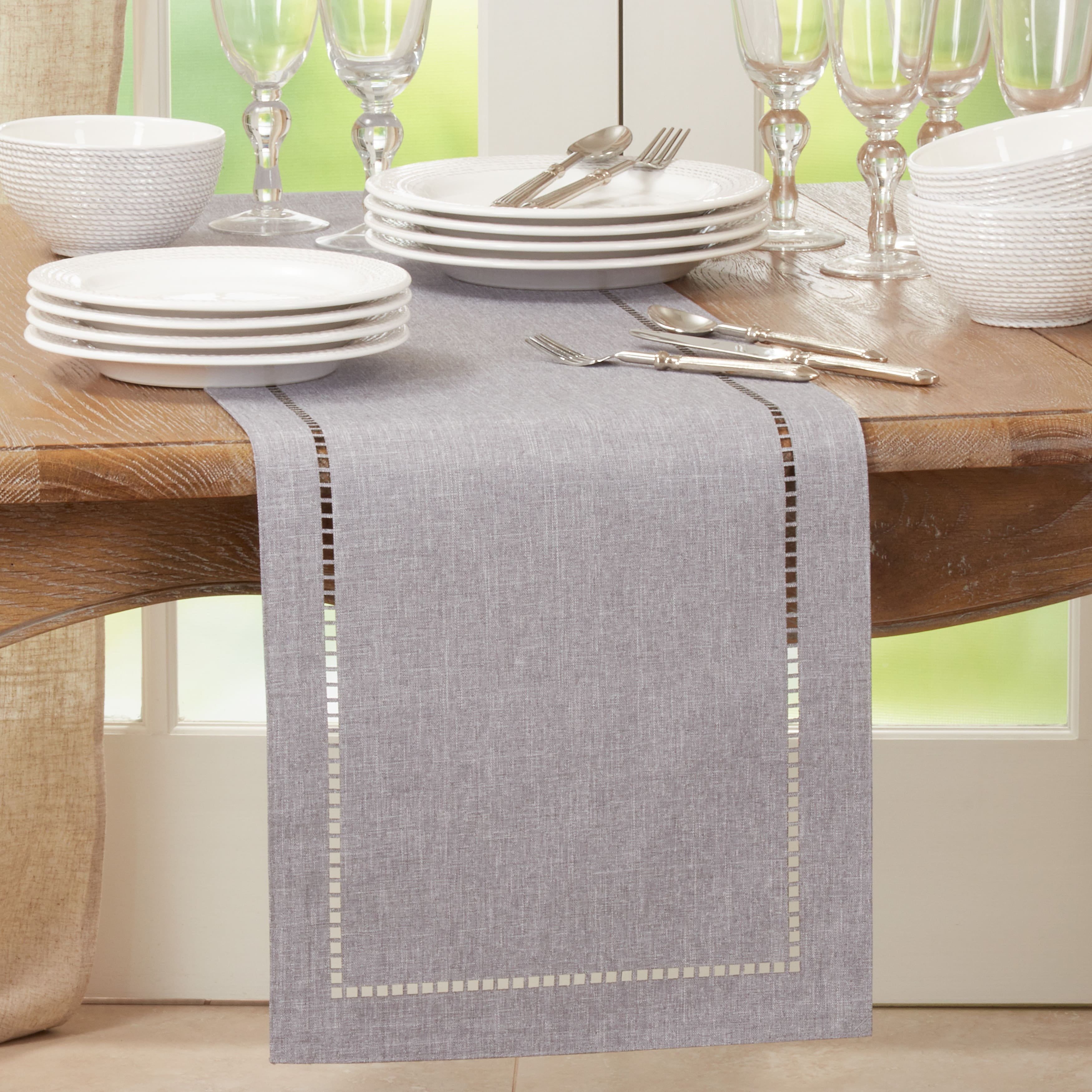 Gray Polyester Laser-Cut Hemstitch Table Runner