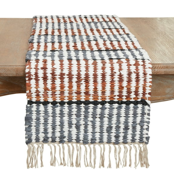 Saro Lifestyle Leather Chindi Stripe Fringed Table Runner