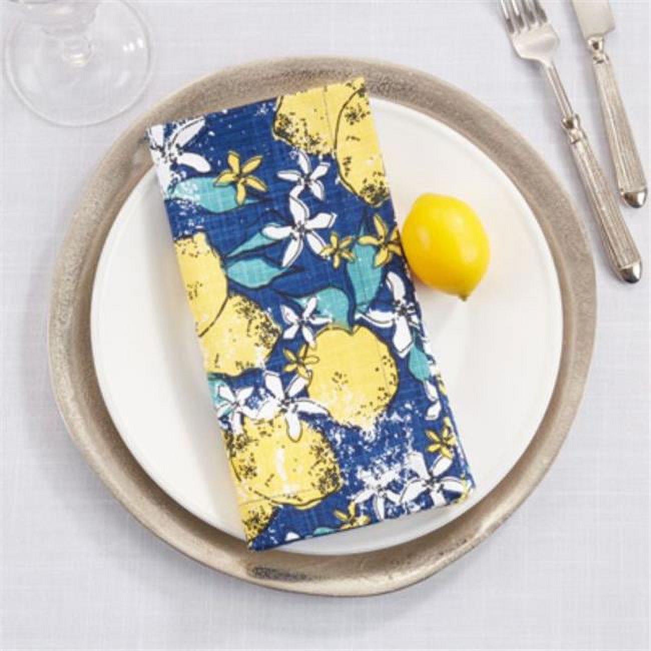 Navy Blue and Yellow Lemon Cotton Cloth Napkins, Set of 4