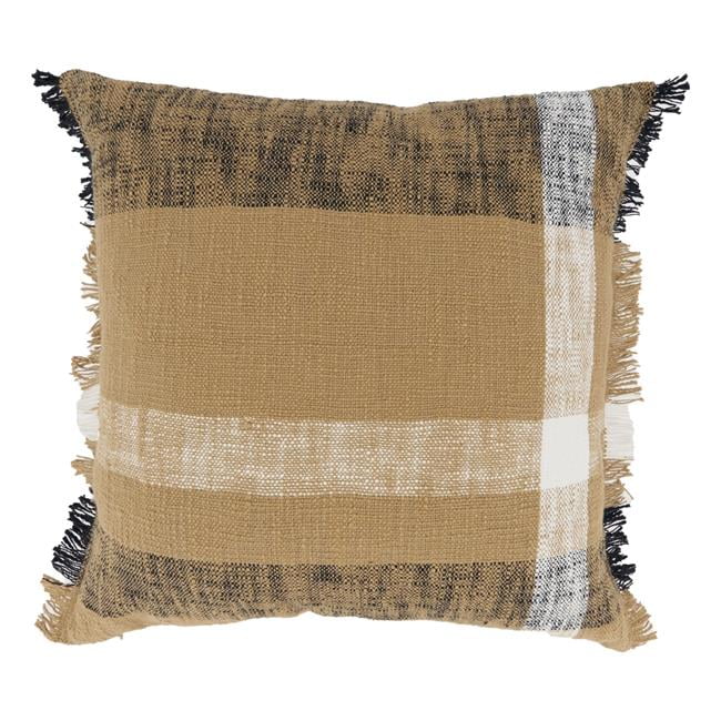 Beige and Black Plaid Cotton Throw Pillow Cover, 20" x 20"