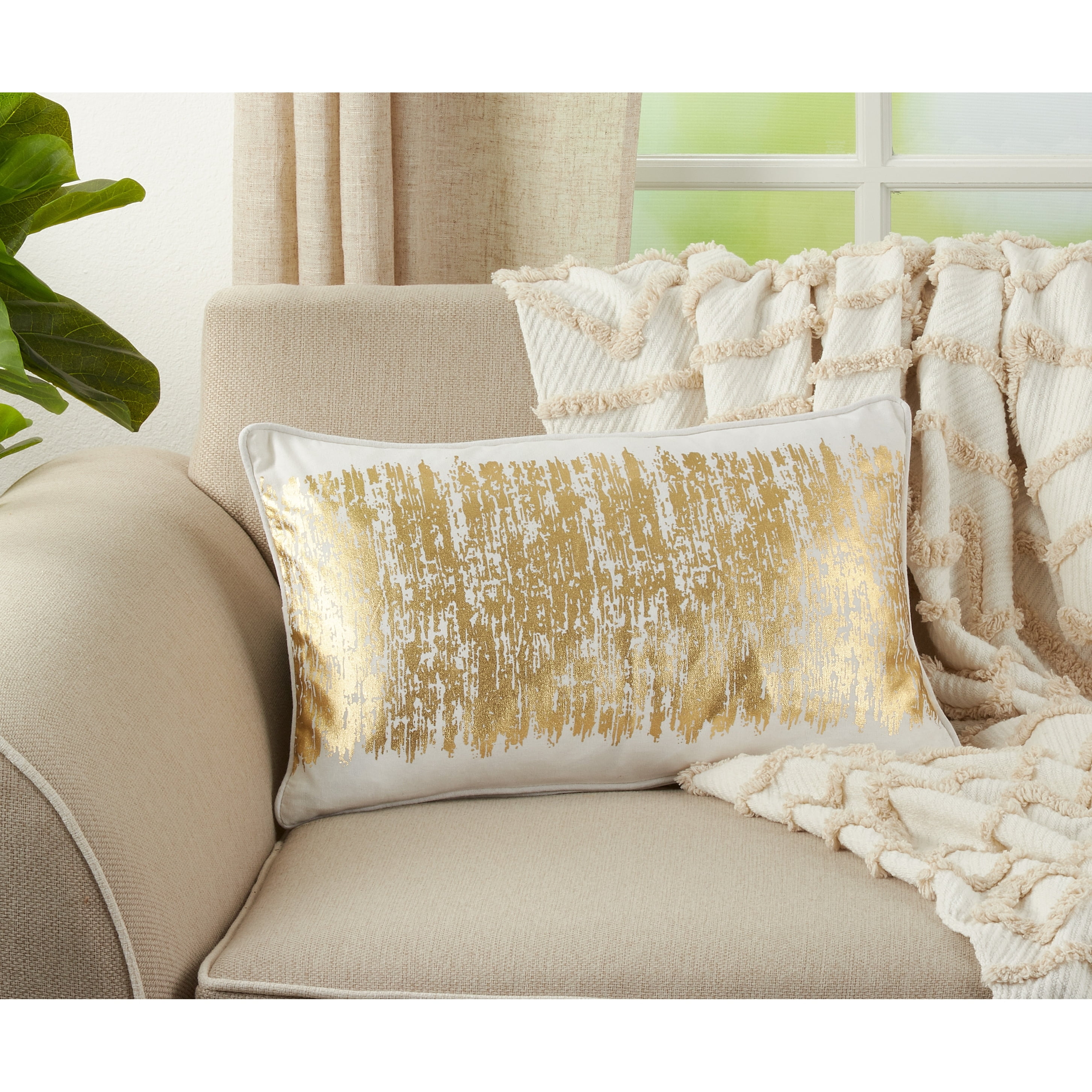 Gold Metallic Banded Design Rectangular Cotton Throw Pillow