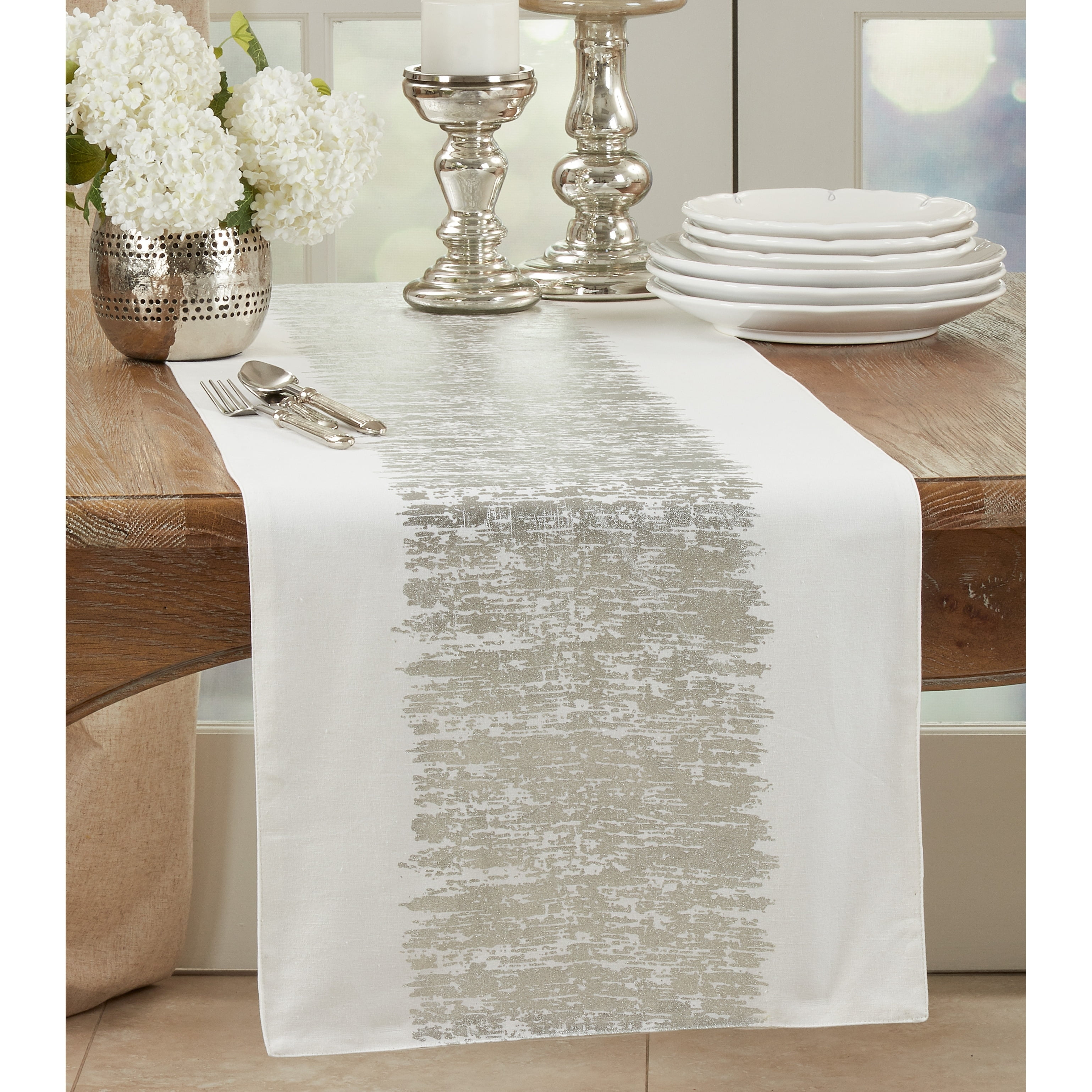 Silver Metallic Banded Cotton Table Runner, 16" x 108"