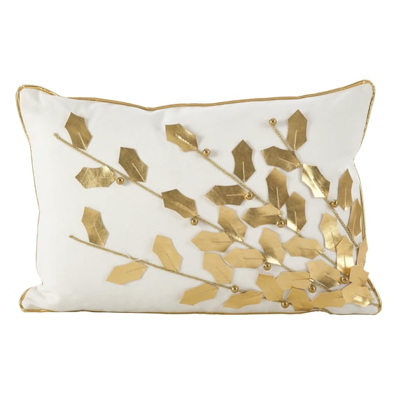 SARO 2081.GL1218B Metallic Poinsettia Branch Design Holiday Cotton Poly Filled Throw Pillow - Gold