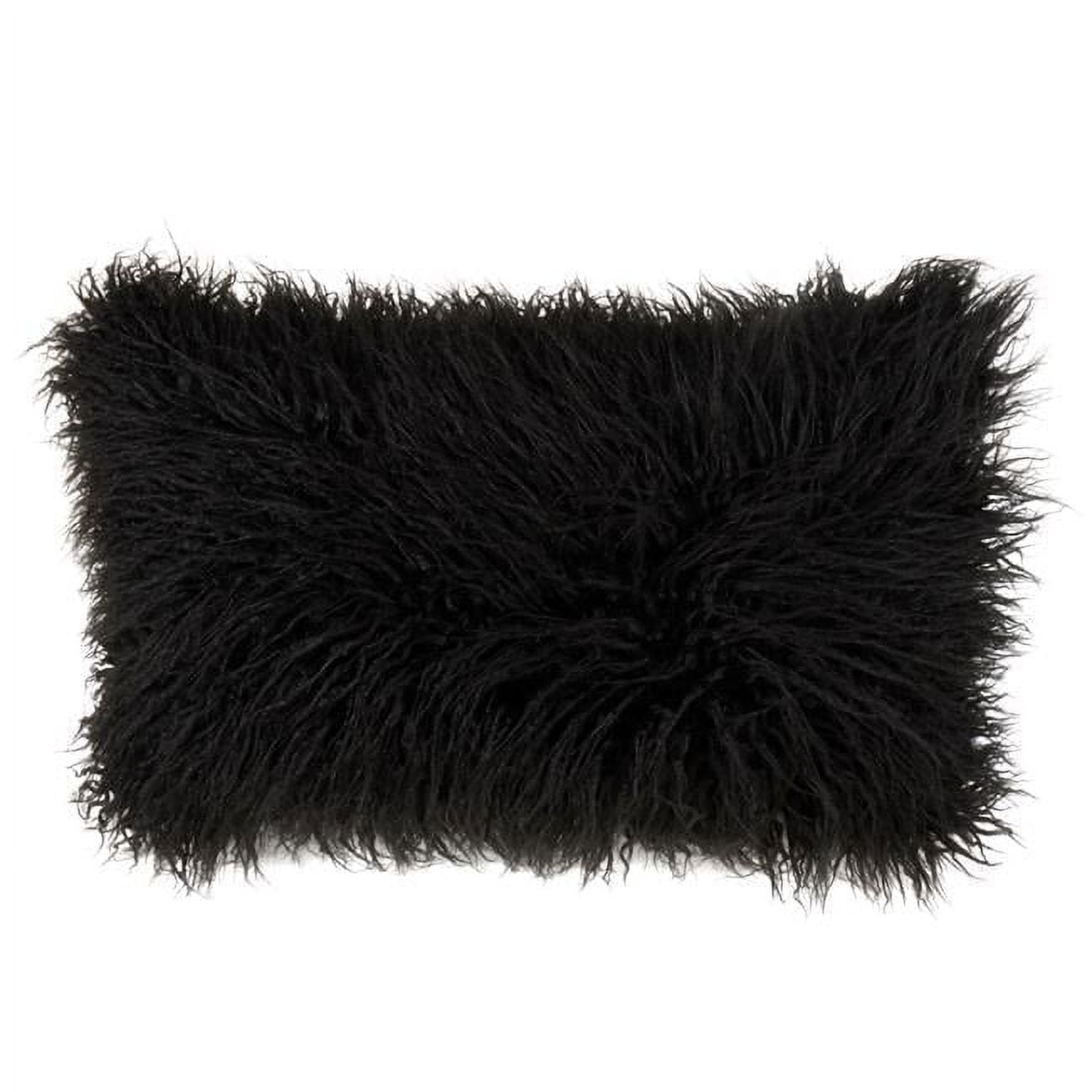 Black Rectangular Faux Mongolian Fur Throw Pillow