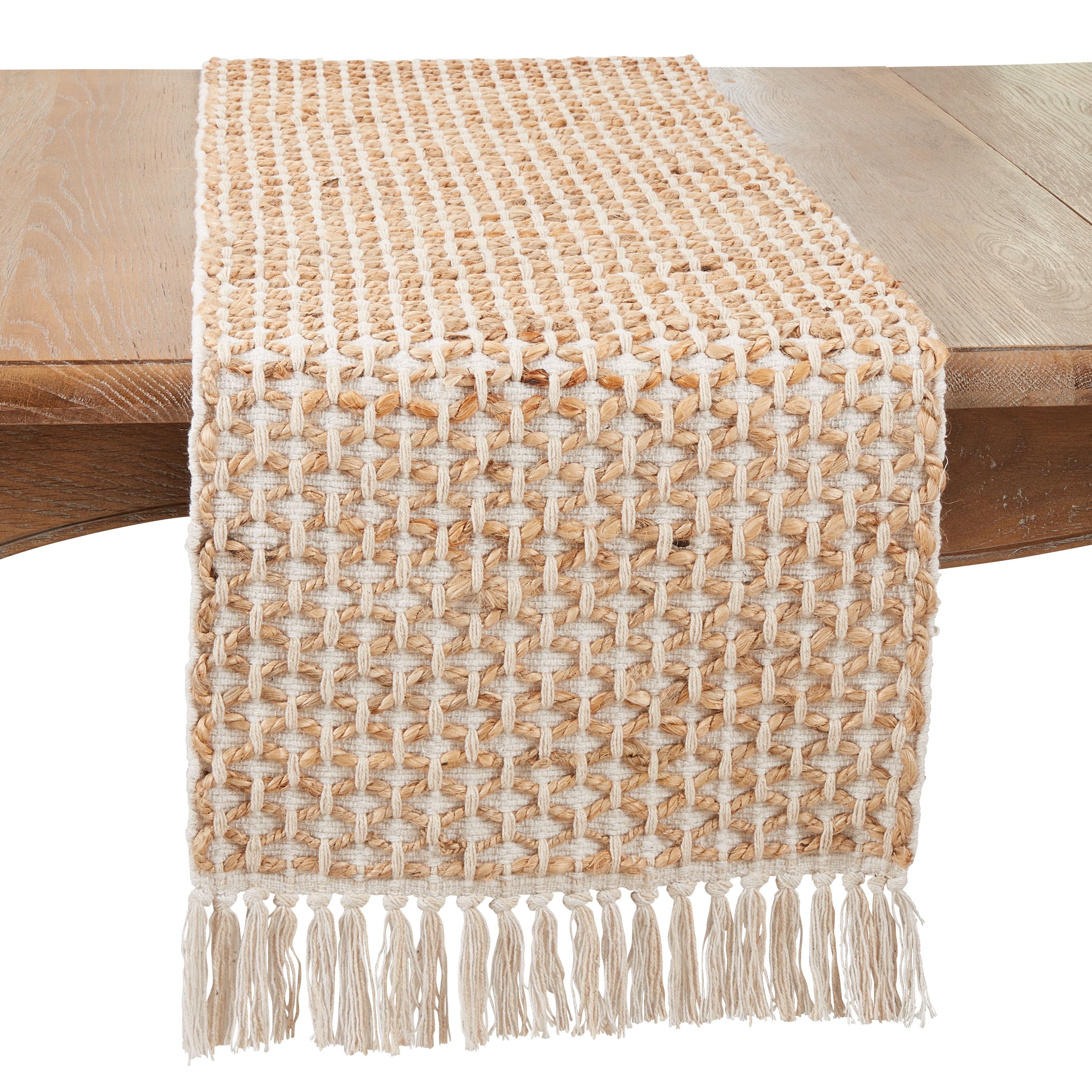 Ivory and Natural Jute Rope Table Runner with Fringe