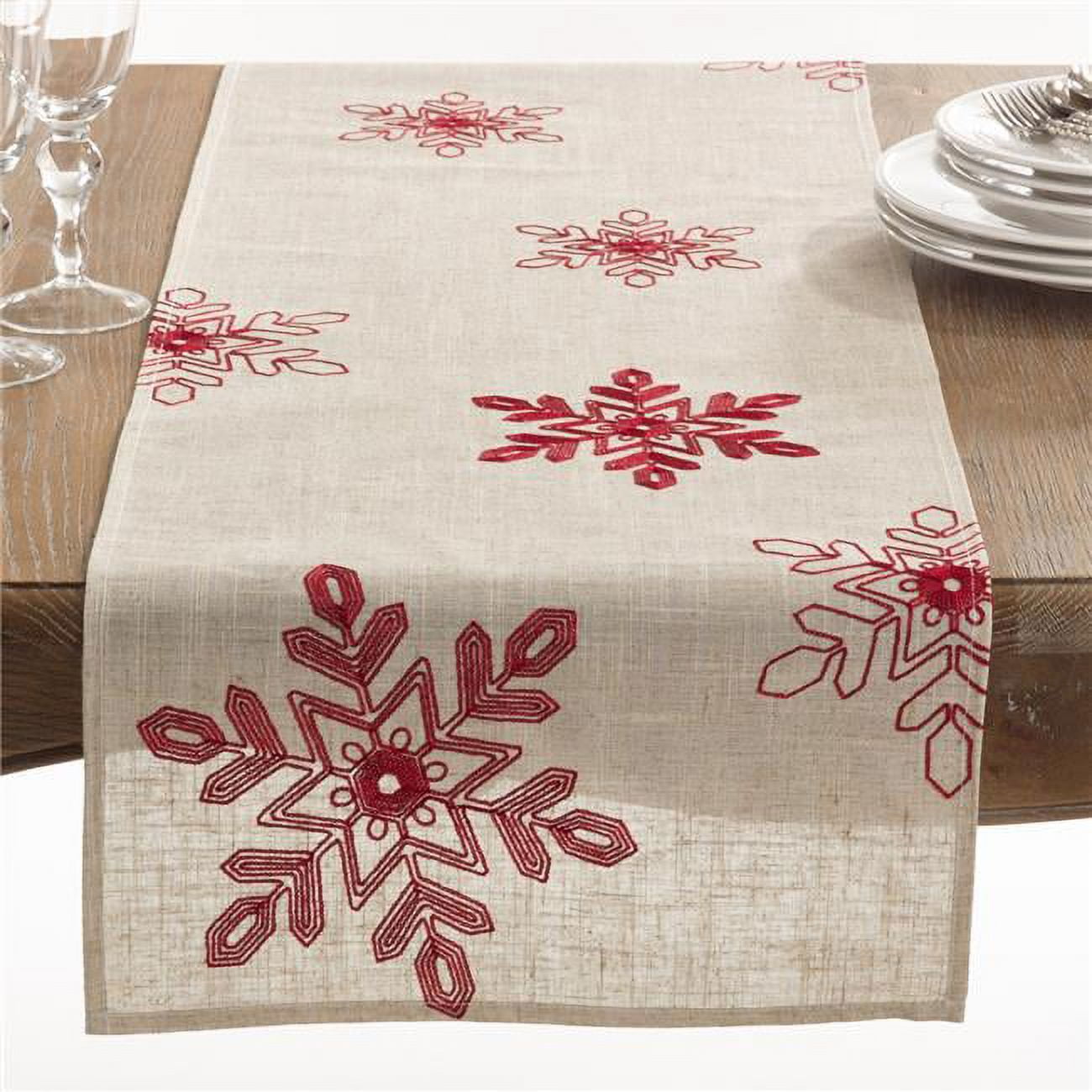 Rustic Red Snowflake Embroidered Christmas Table Runner 16" x 70"