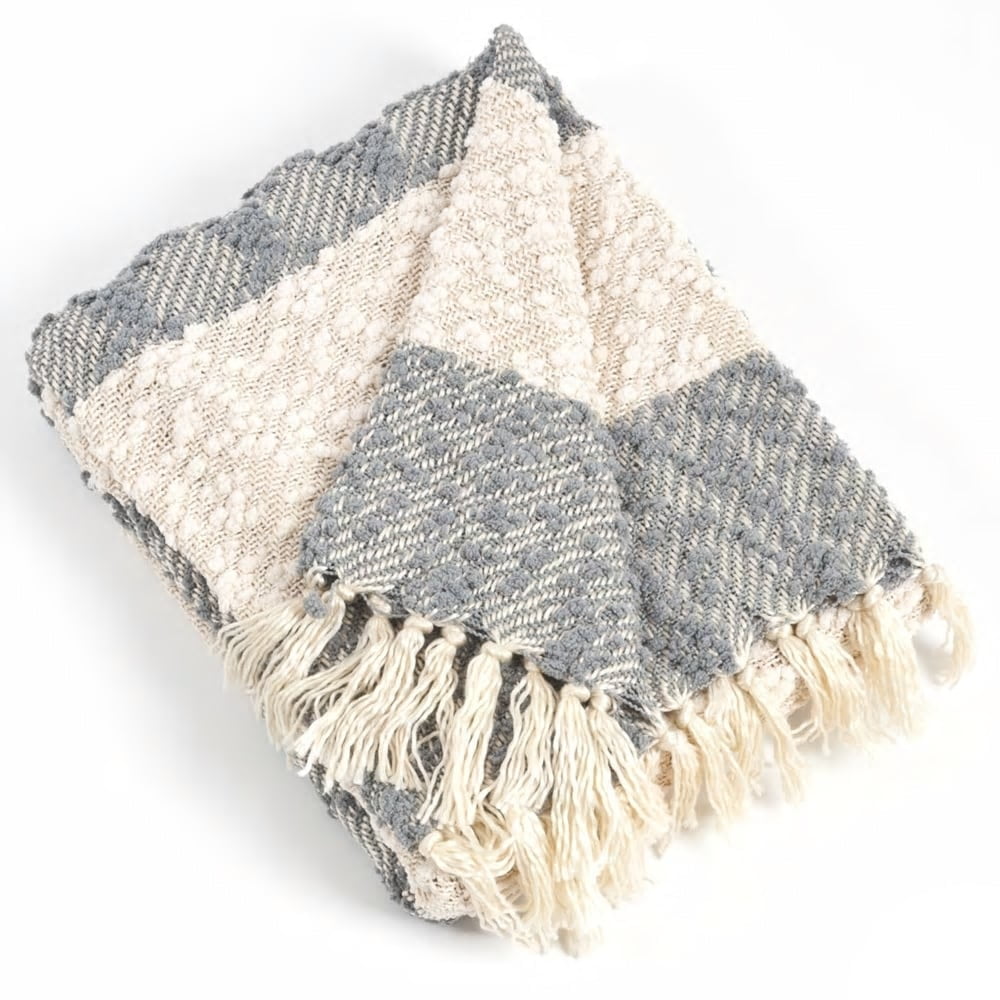 Gray and Beige Striped Faux Fur Reversible Throw Blanket