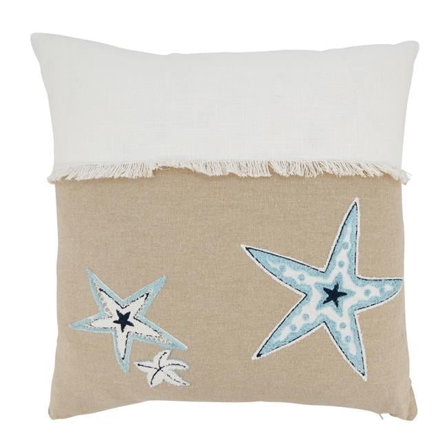 Beige and White Embroidered Starfish Cotton Throw Pillow, 18" x 18"