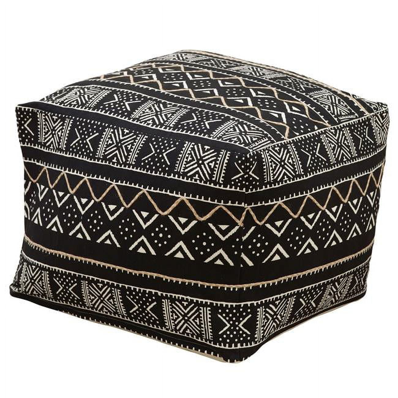 Black and White Cotton Mudcloth Square Pouf, 24"