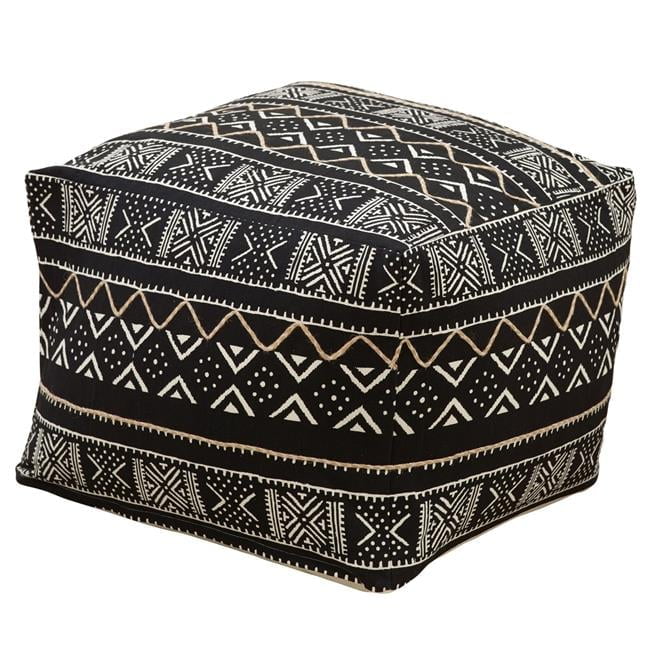Black and White Cotton Mudcloth Square Pouf, 24"