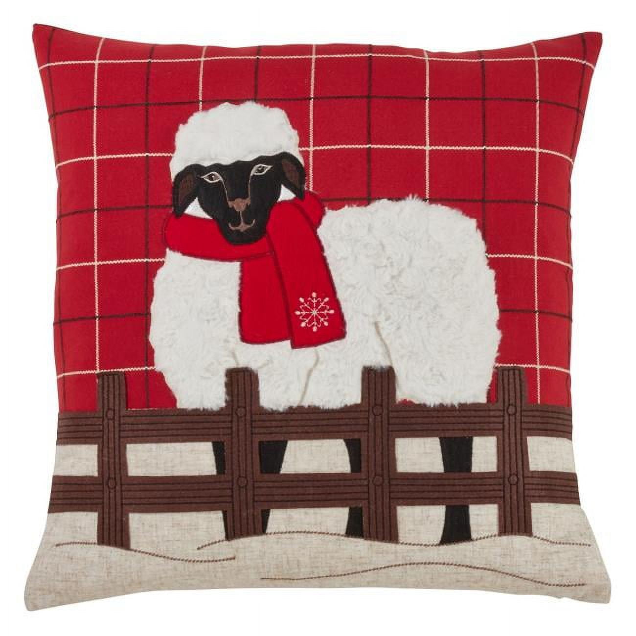Red Plaid Christmas Sheep Polyester Pillow Cover 18"