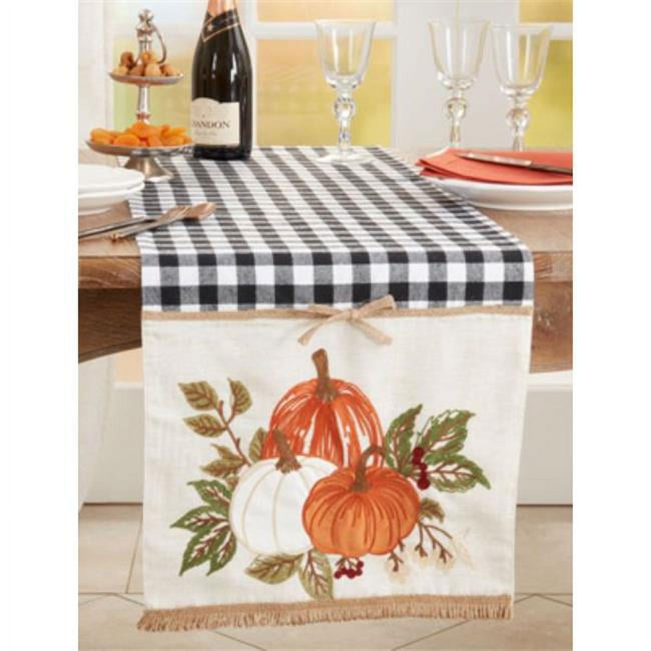 Black and White Plaid Pumpkin Embroidered Table Runner