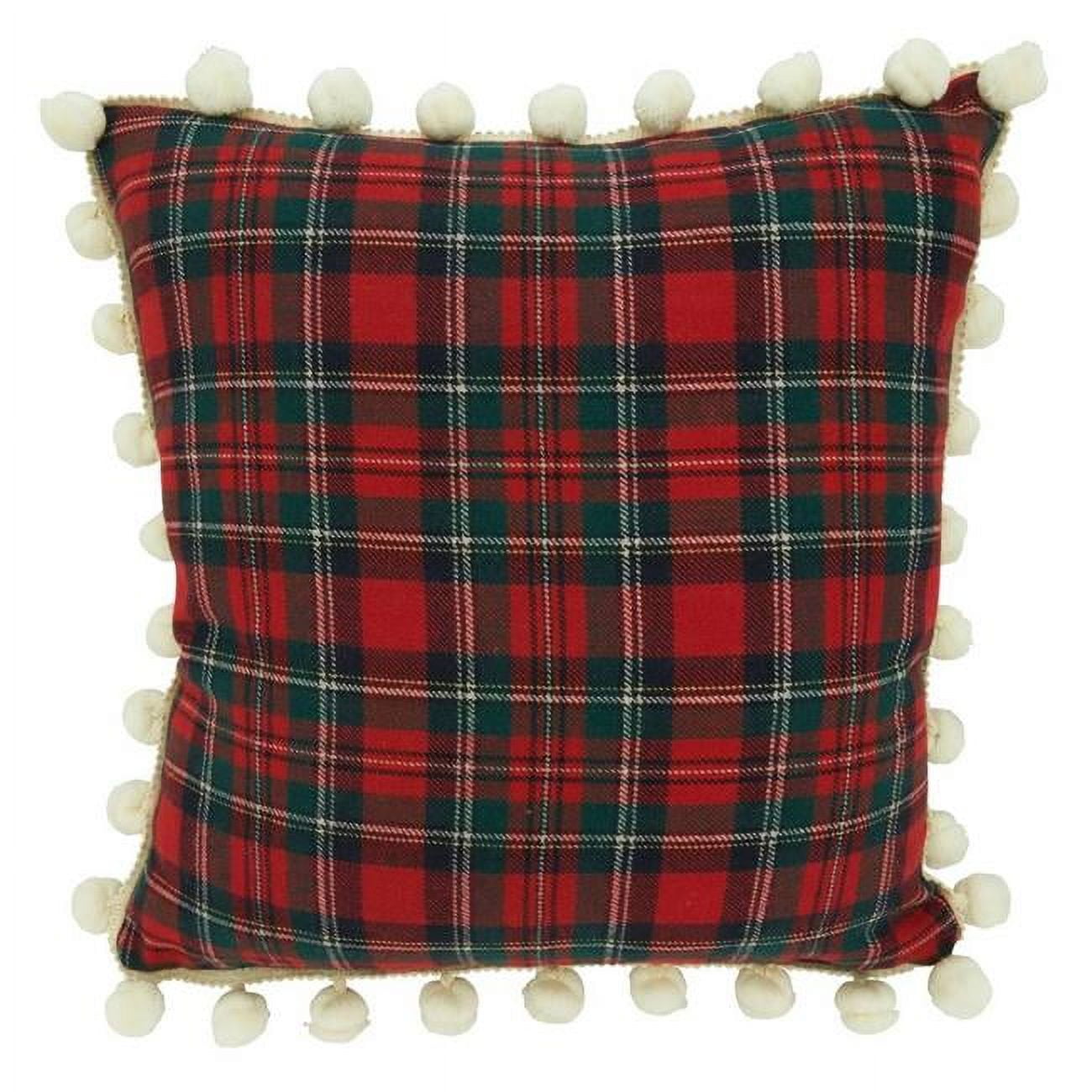 Red and Green Plaid Throw Pillow with White Pom Poms