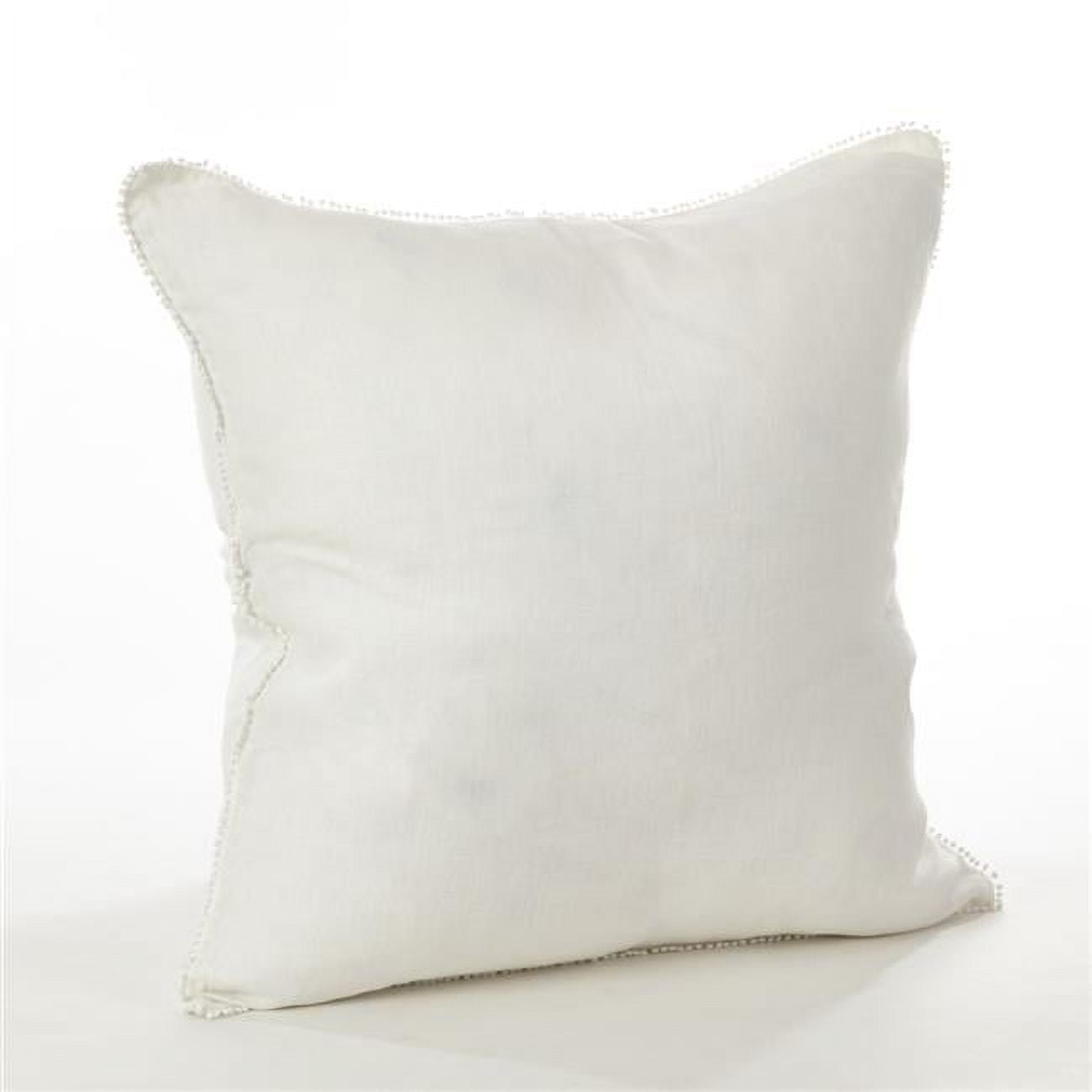 Ivory Linen Square Throw Pillow with Pom-Pom Fringe