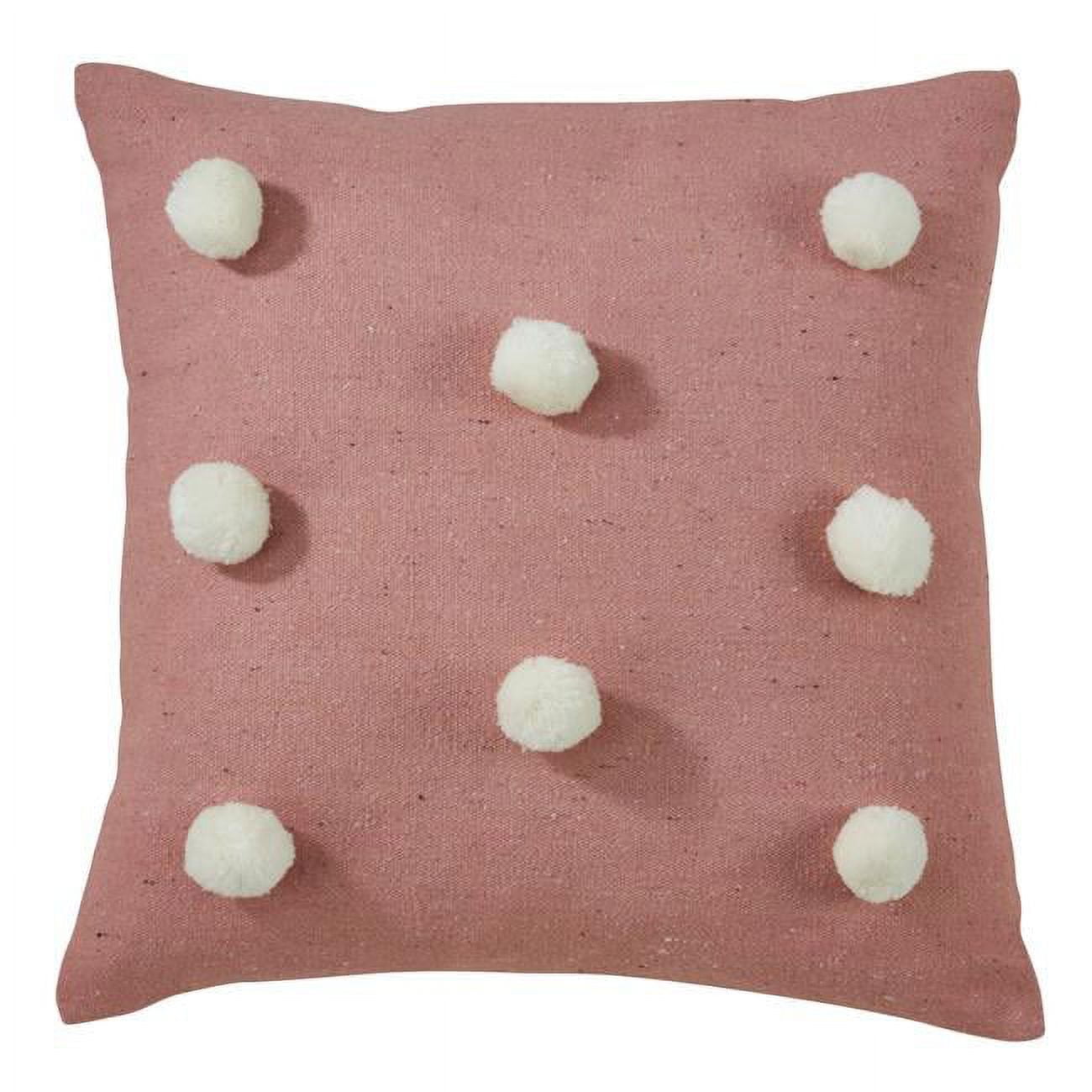 Pink Cotton Throw Pillow Cover with White Pom Poms
