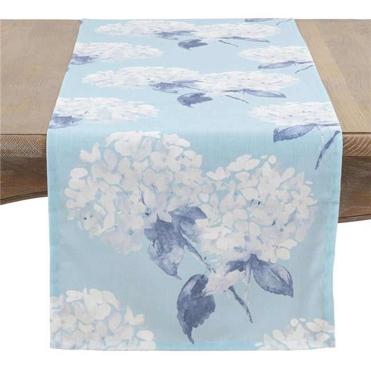 Aqua Floral Hydrangea Polyester Table Runner, 16" x 72"