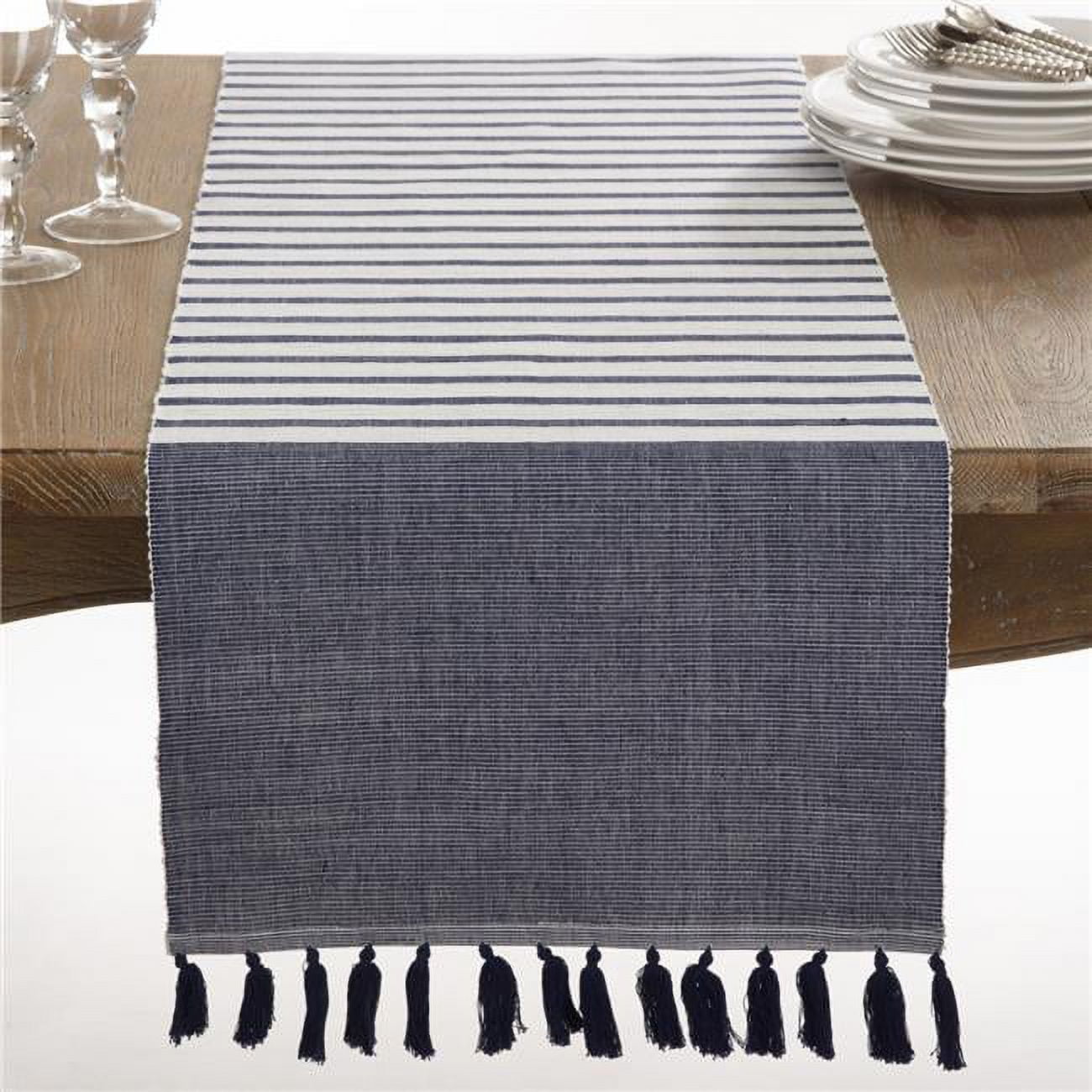 Navy Blue Cotton Ribbed Tassel Table Runner, 19.5 x 16 in
