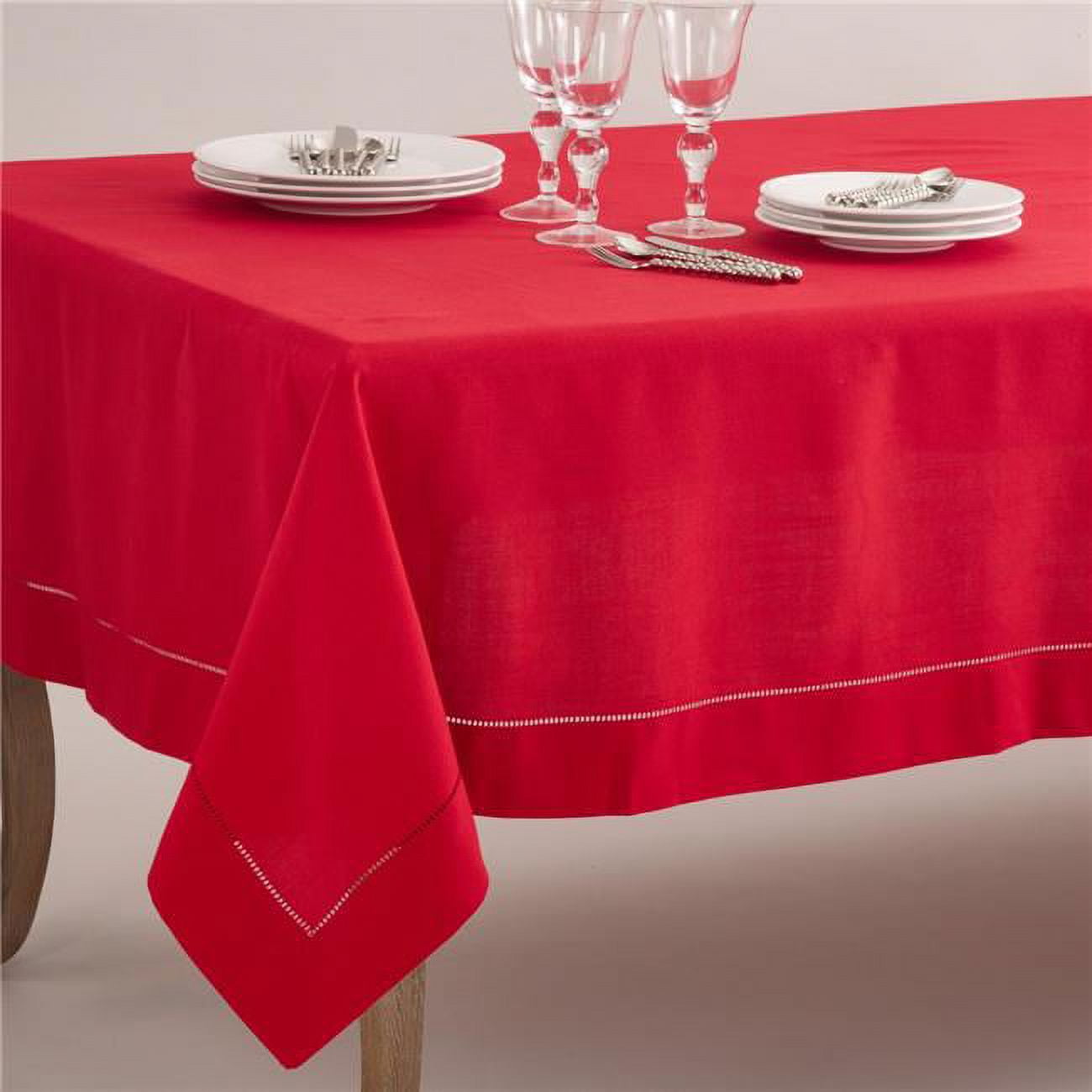 Red Hemstitch Border Rectangular Fabric Tablecloth