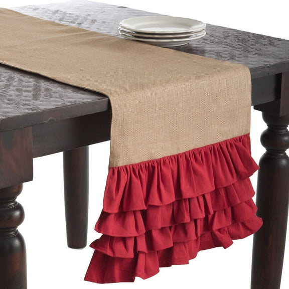 Saro Lifestyle Ruffle Design Jute Red 90x16 inches Table Runner